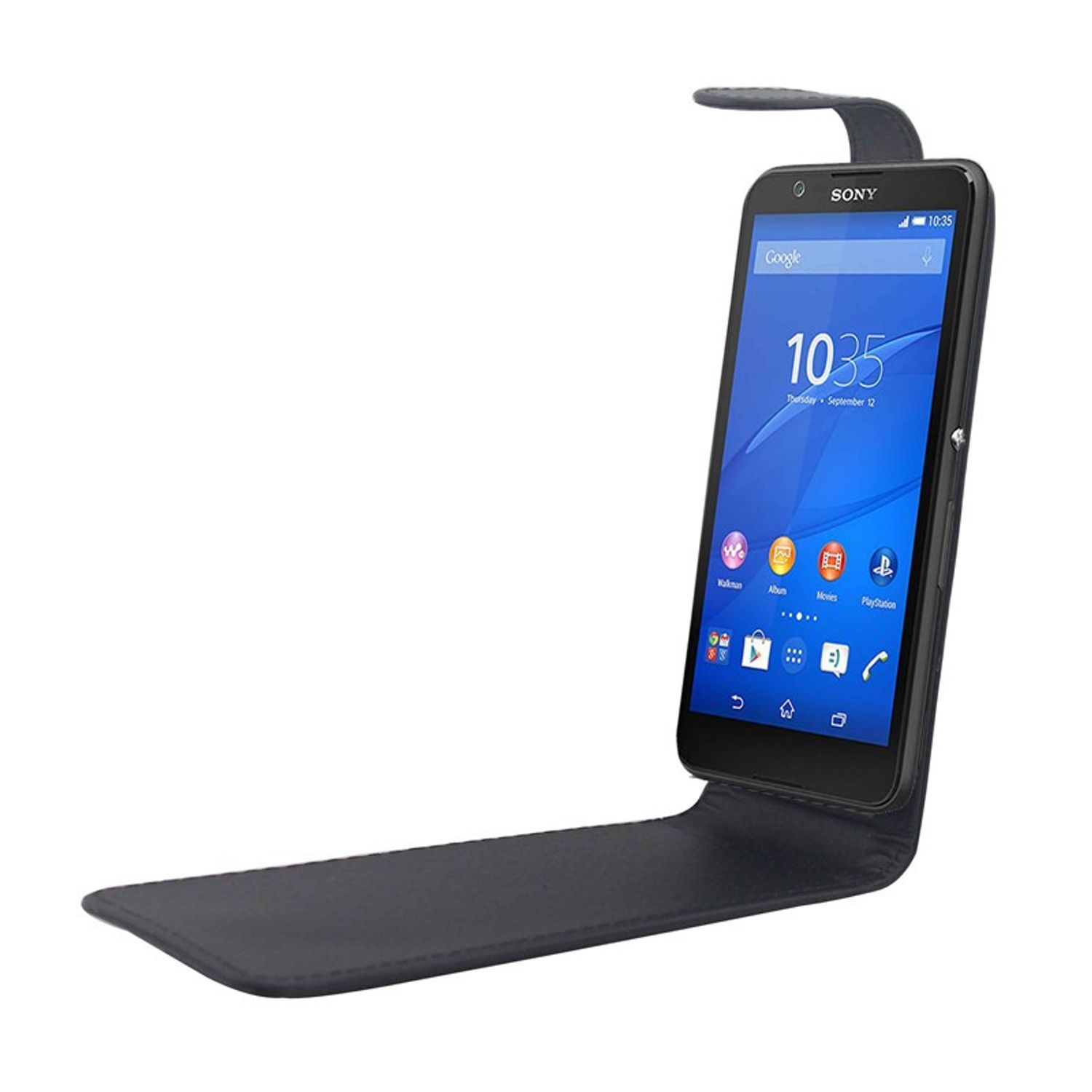Schwarze Klapp-Handyhülle mit Telefon, das einen Bildschirm zeigt.