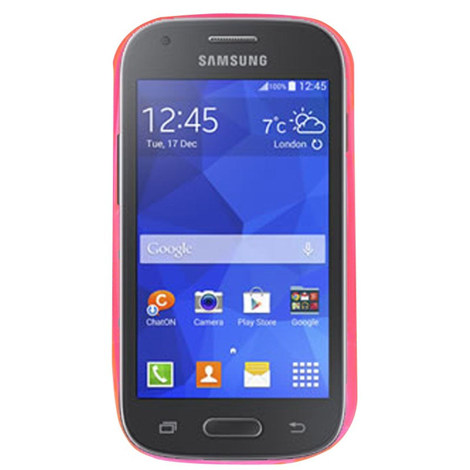 Schwarzes Samsung-Smartphone mit rosa Rand, zeigt Uhrzeit und Apps.