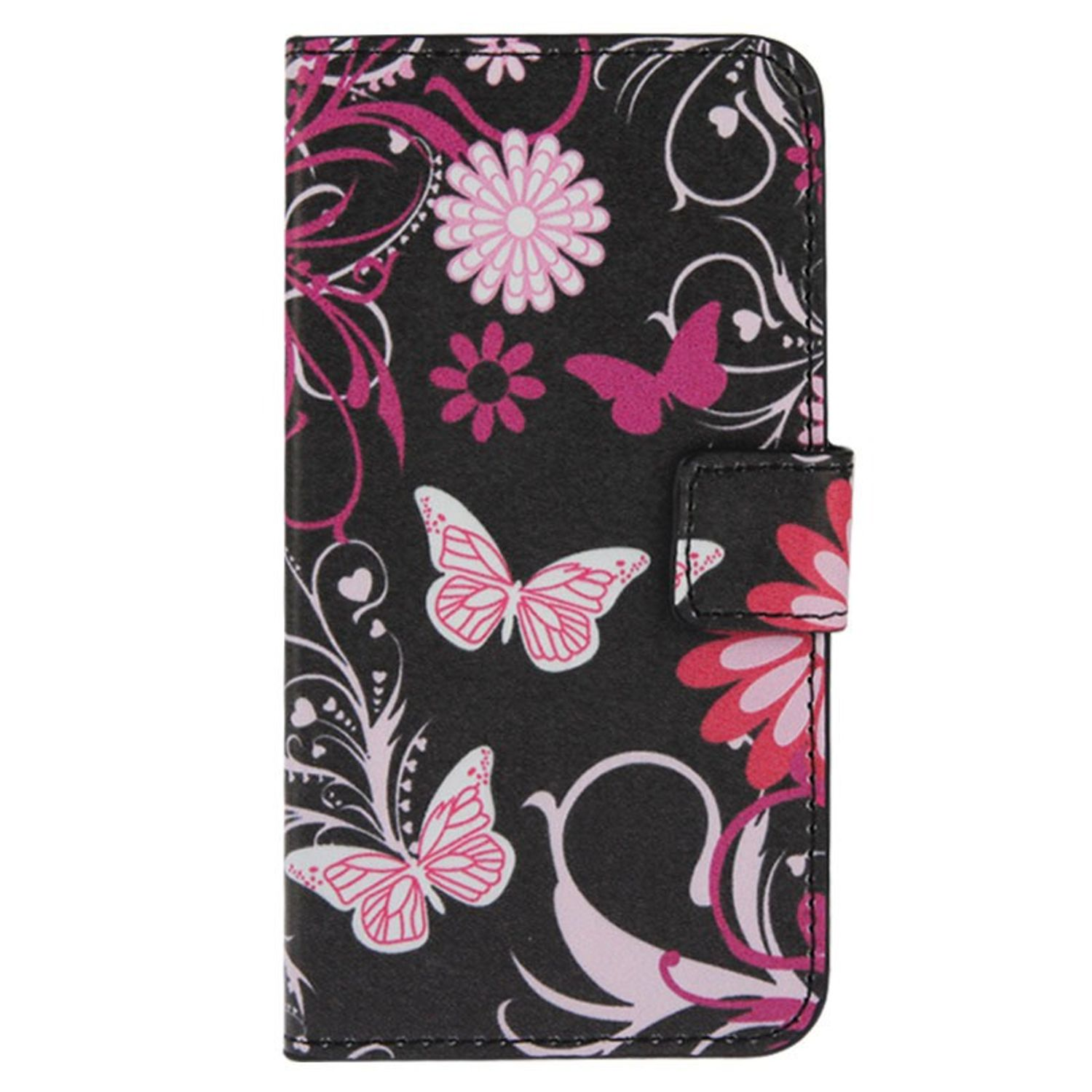 Schwarze Handyhülle mit Blumen- und Schmetterlingsdesign in Rosa und Weiß auf dunklem Hintergrund.