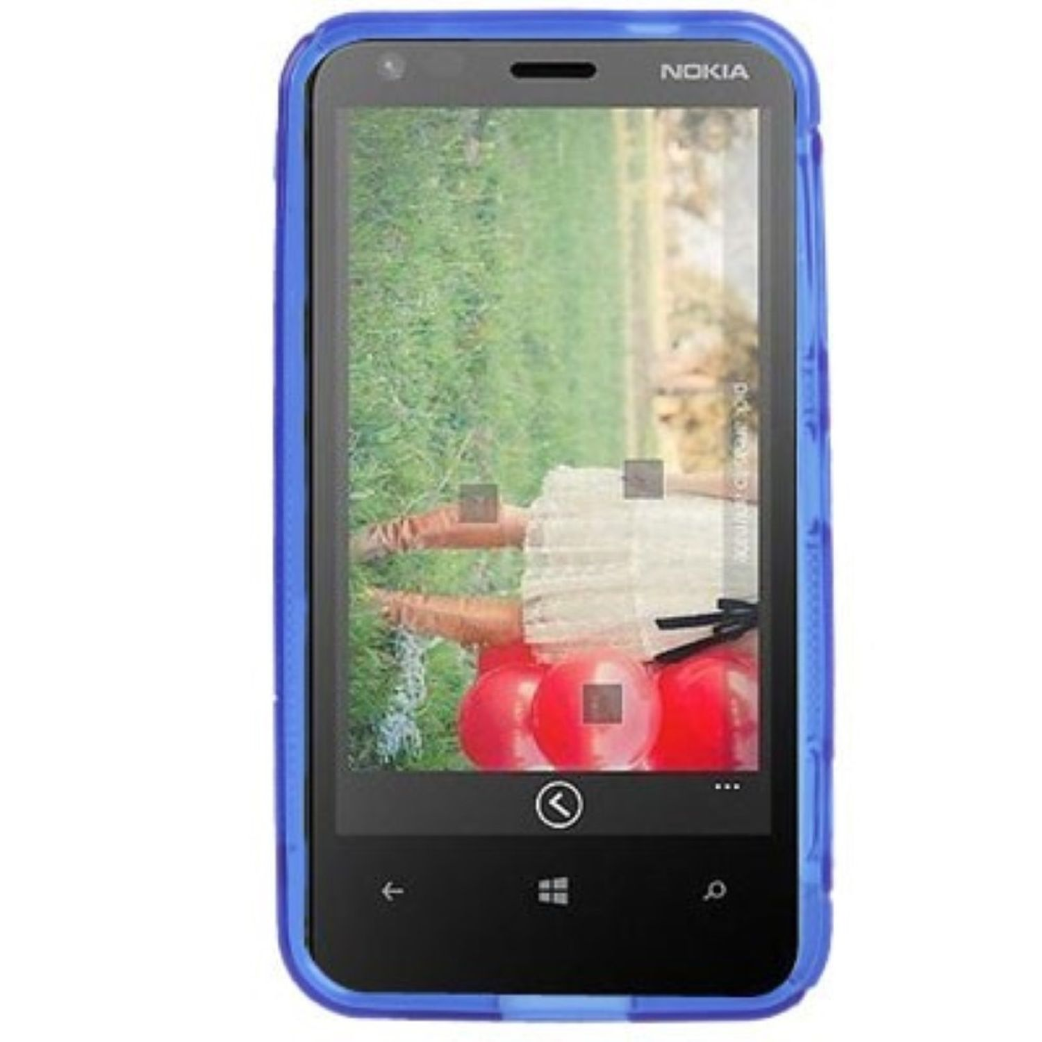 Ein blaues Telefon in einer Hülle. Es hat ein Bild einer Frau und roter Ballons.