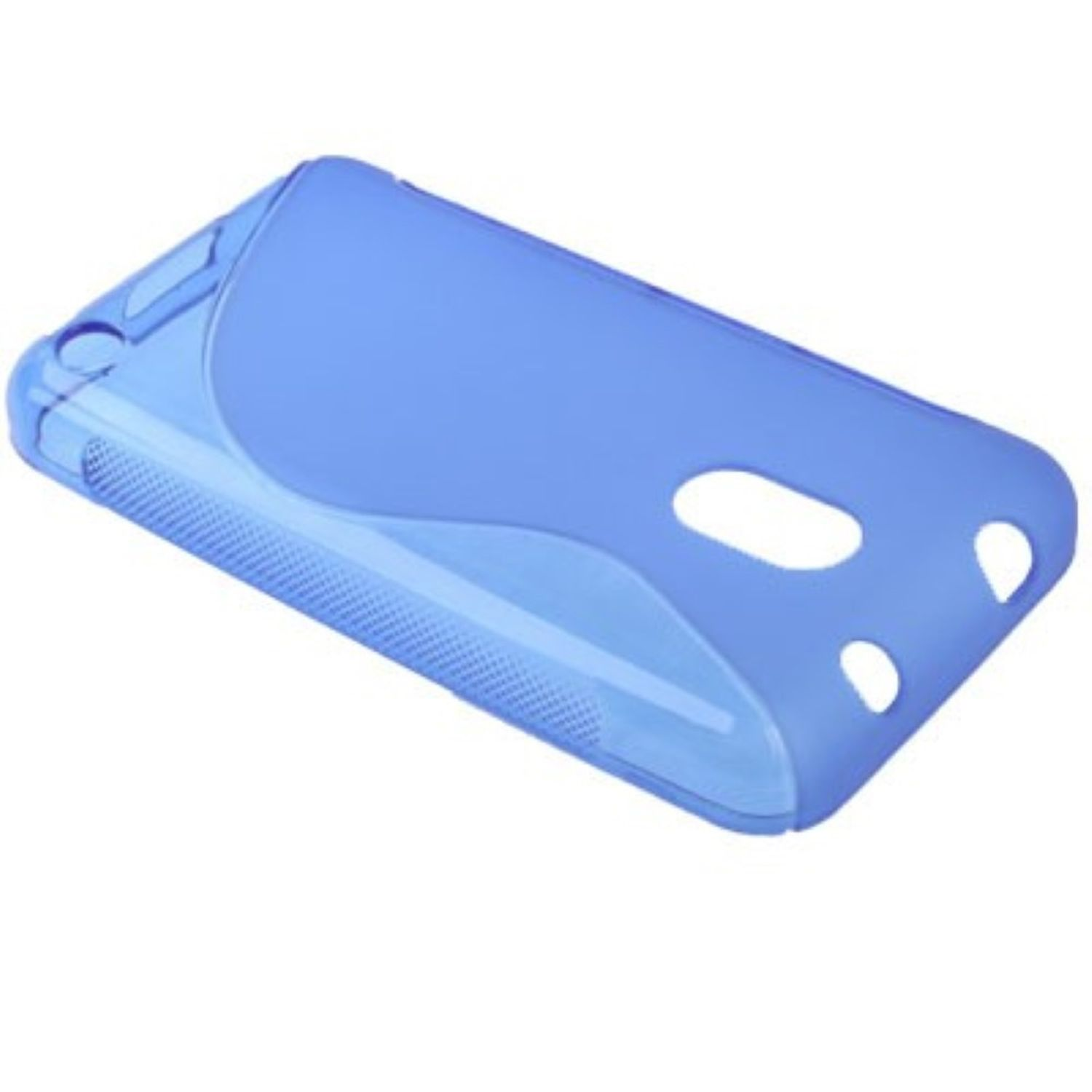 Blaue Handyhülle abgewinkelt. Löcher für Kamera und Knöpfe sichtbar. Weißer Hintergrund.