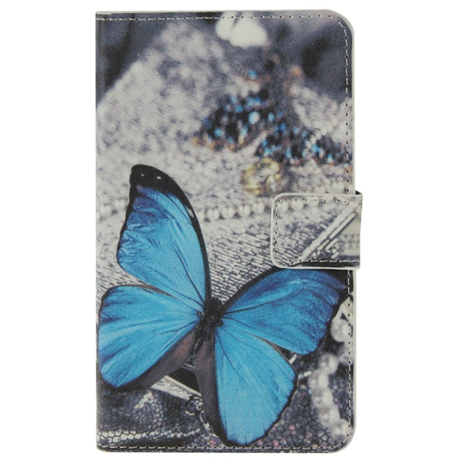 Handyhülle mit blauem Schmetterlingsdesign auf strukturiertem Hintergrund.