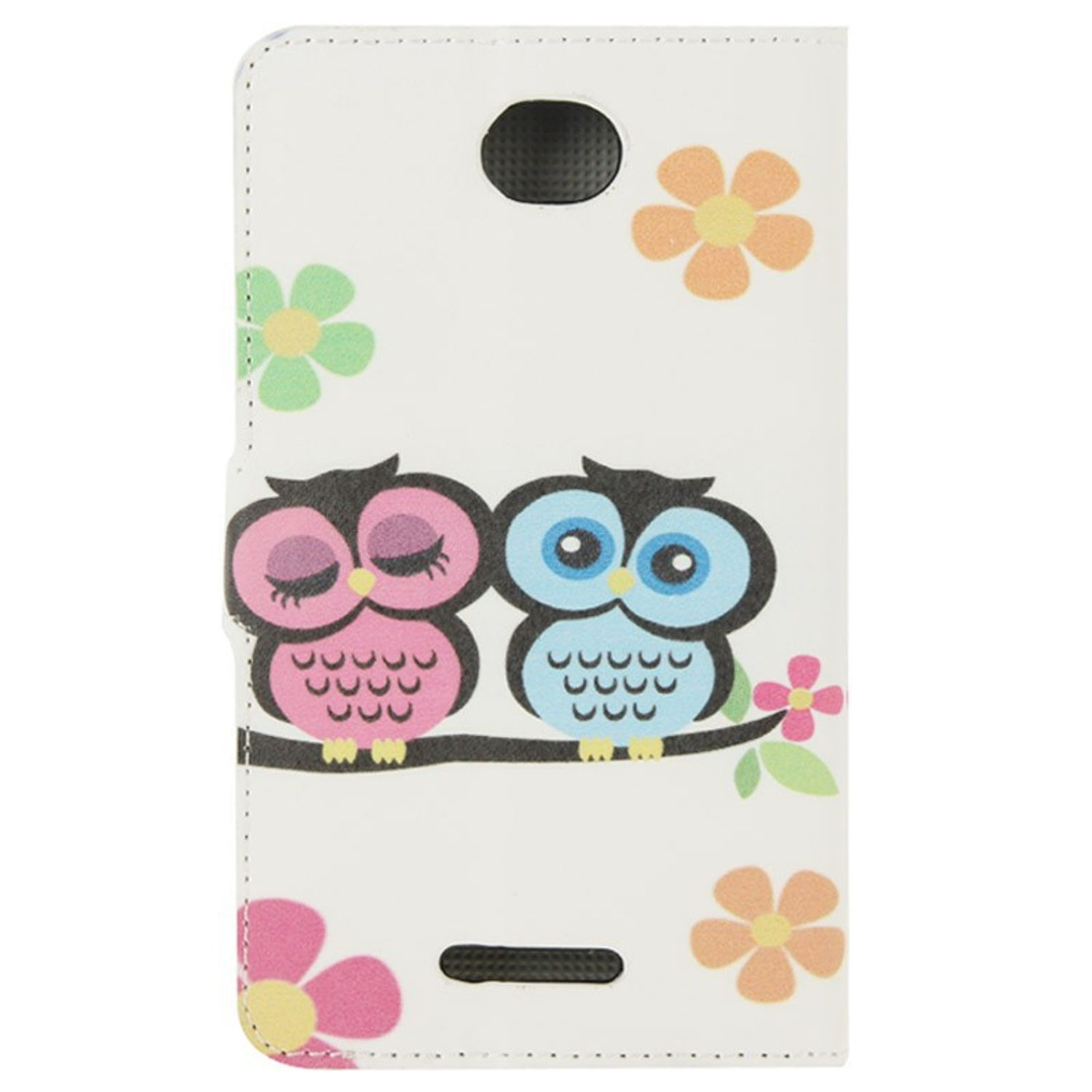 Weißes Handycase mit Eulenillustrationen auf einem Ast mit Blumen. Niedlicher Cartoon-Stil.