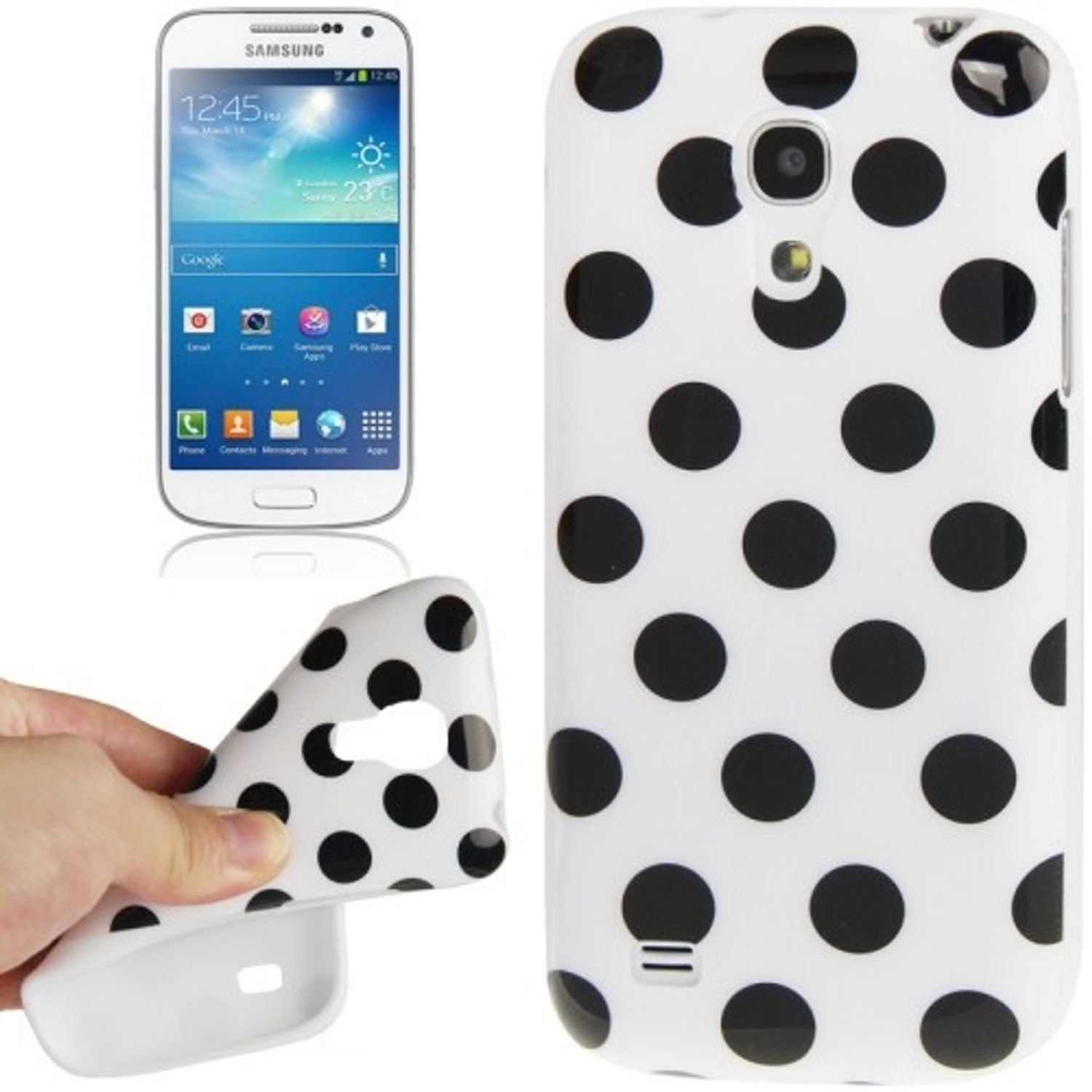 Weißes Telefon mit schwarzer Polka-Dot-Hülle. Das Telefon ist weiß. Hülle hat ein Kameraloch.