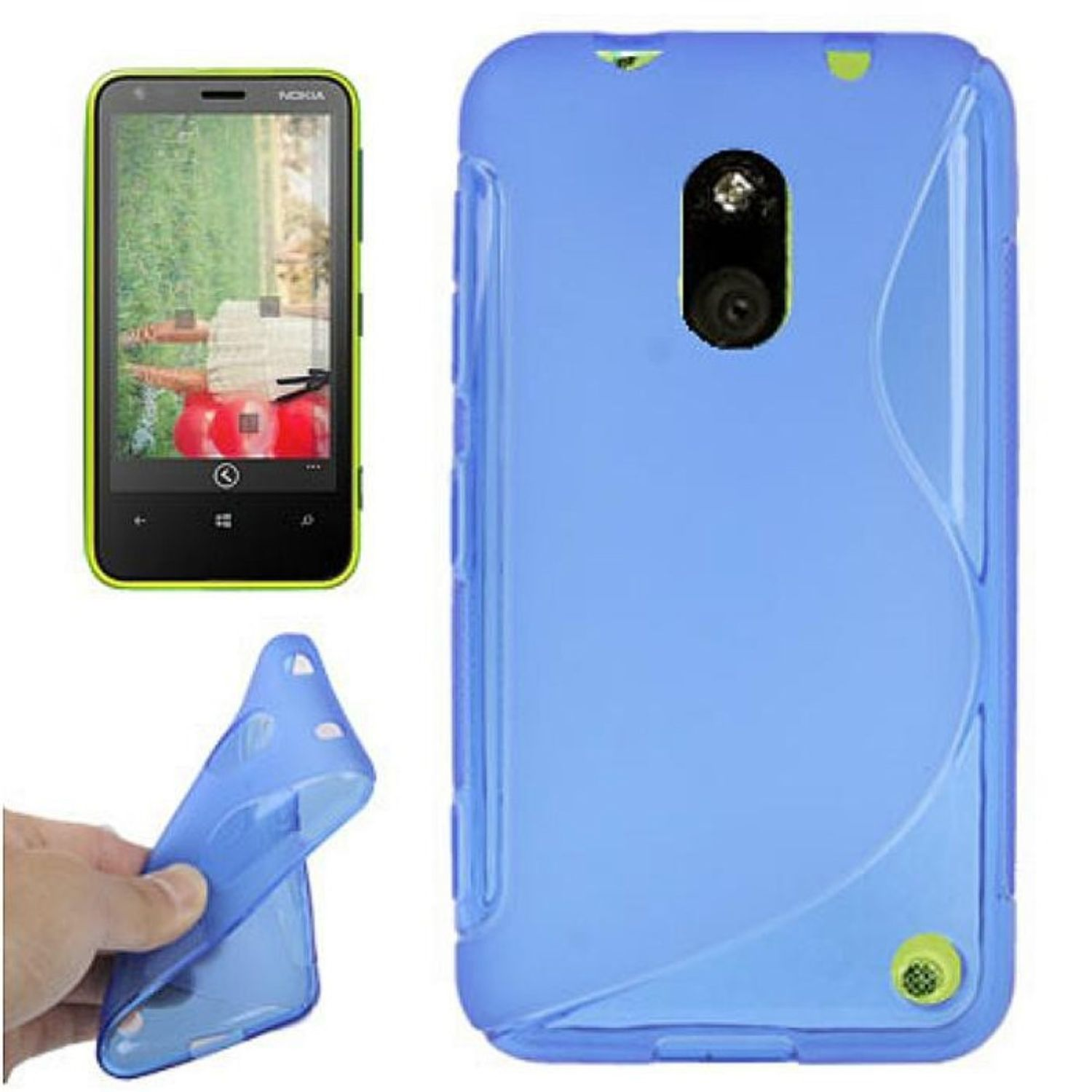 Ein Telefon, eine blaue Hülle und eine Hand. Das Telefon liegt auf dem Tisch, die Hülle wird gehalten. Nokia.
