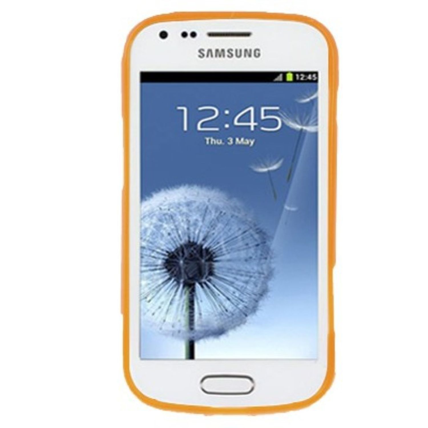 Telefon in orangefarbener Hülle, Zeit wird angezeigt. Weißer Hintergrund.