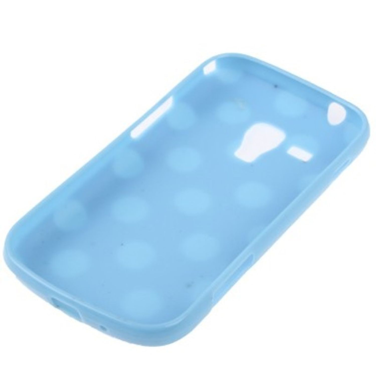 Blaue Handyhülle mit hellblauen Punkten. Die Hülle ist leer.