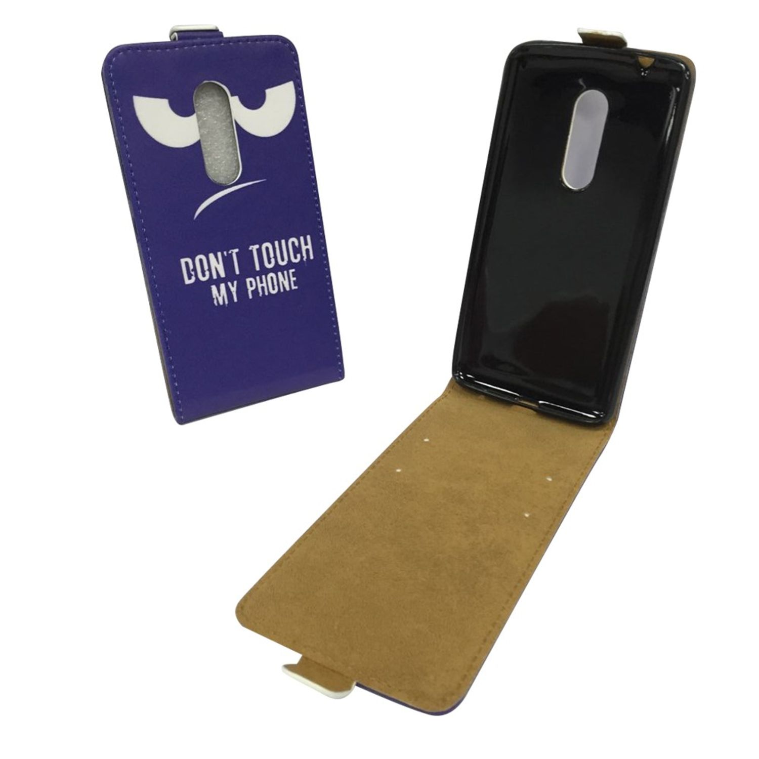 Blaue Handyhülle mit Monstergesicht und dem Text "DON'T TOUCH MY PHONE".