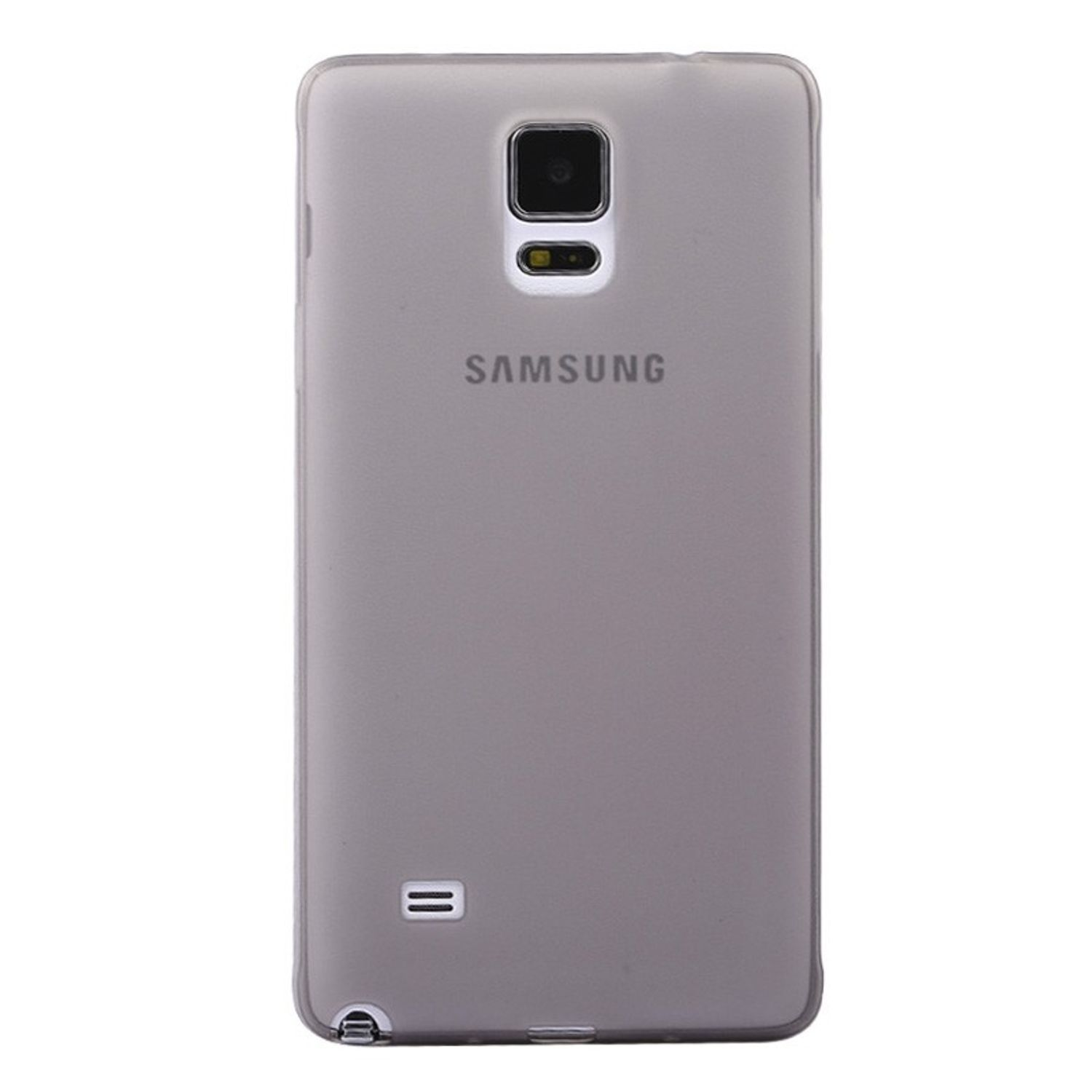 Graues Telefon mit SAMSUNG-Logo auf der Rückseite, in einem einfachen, einfarbigen Gehäuse.
