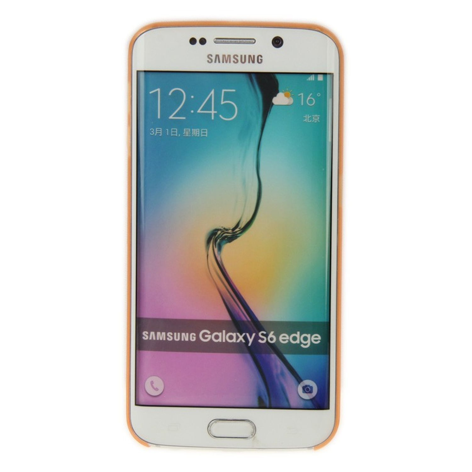 Ein weißes Samsung Galaxy S6 edge-Telefon mit einem pfirsichfarbenen Gehäuse. Der Bildschirm zeigt Zeit und Datum.