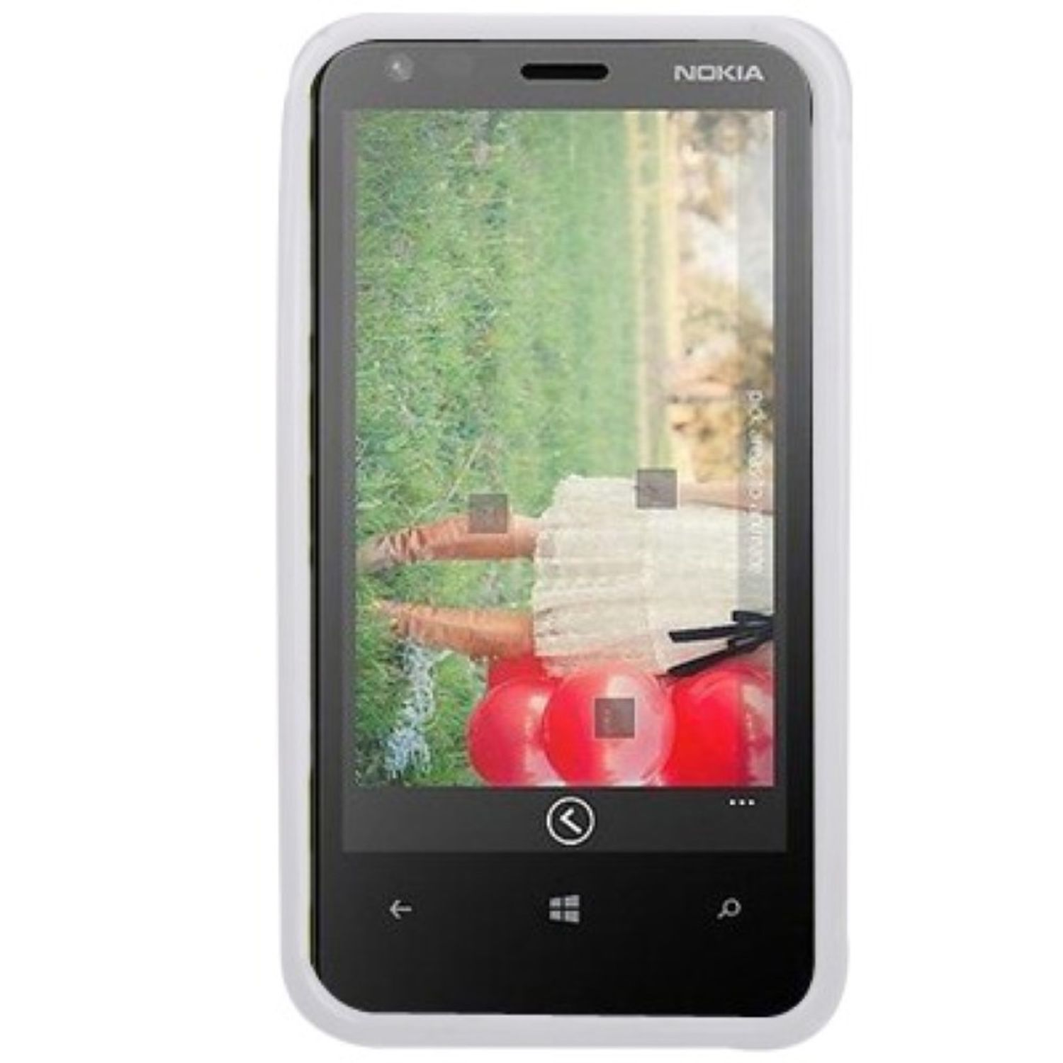 Nokia-Telefon in einem weißen Gehäuse. Zeigt einen Bildschirm einer Frau, die Ballons hält.