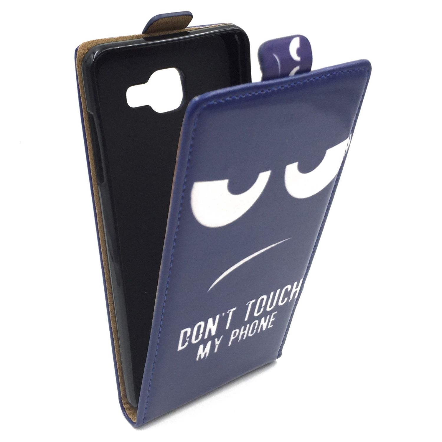 Blaue Handyhülle mit Gesicht, Aufschrift: Don't Touch My Phone.