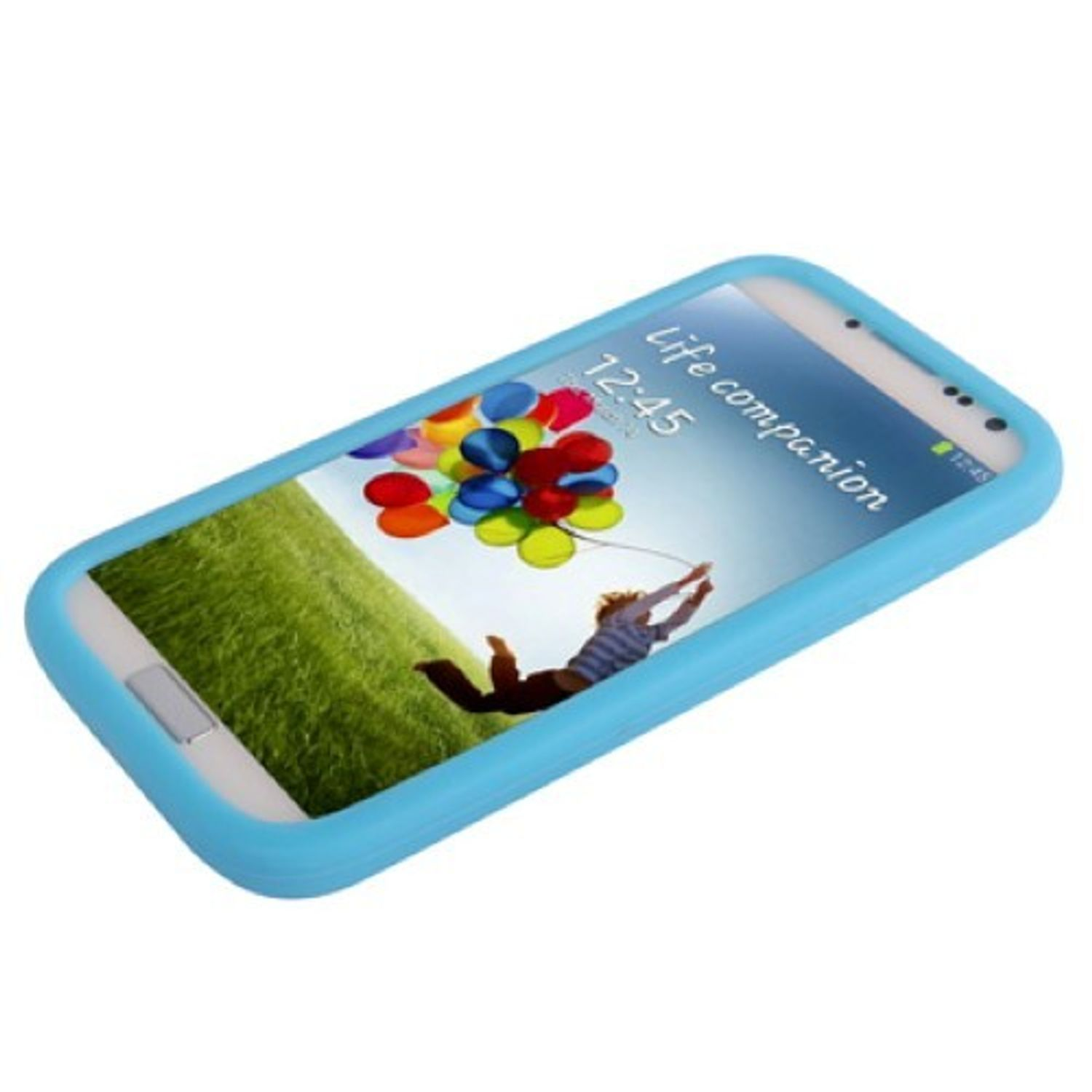 Ein Telefon in einer blauen Hülle. Eine Person hält Ballons. Die Hülle zeigt das Bild der Ballons.