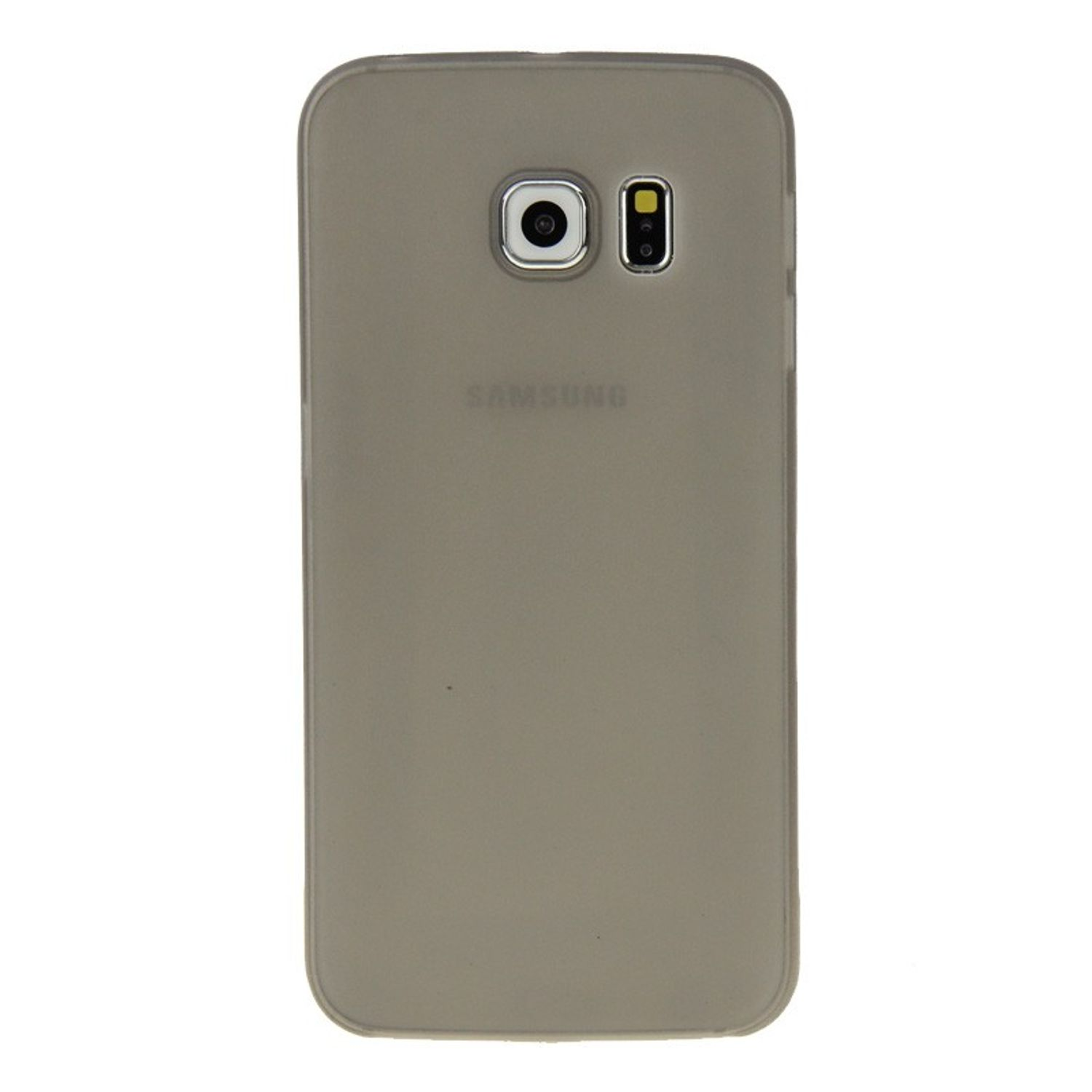 Graue Handyhülle auf weißem Grund. Rückkamera und Samsung-Logo sichtbar.