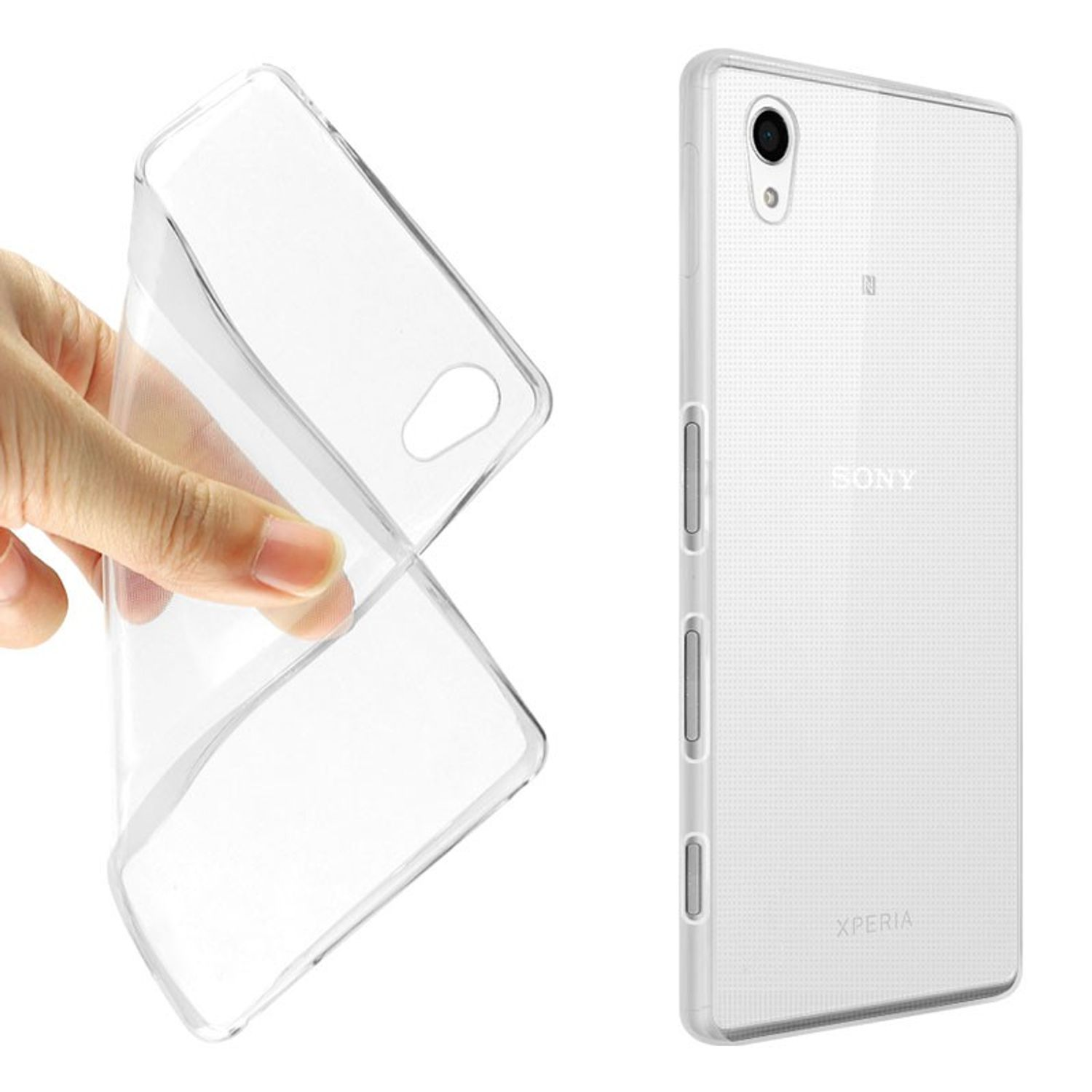 Klare Handyhülle in der Hand, weißes Sony Xperia Telefon, auf weißem Hintergrund.