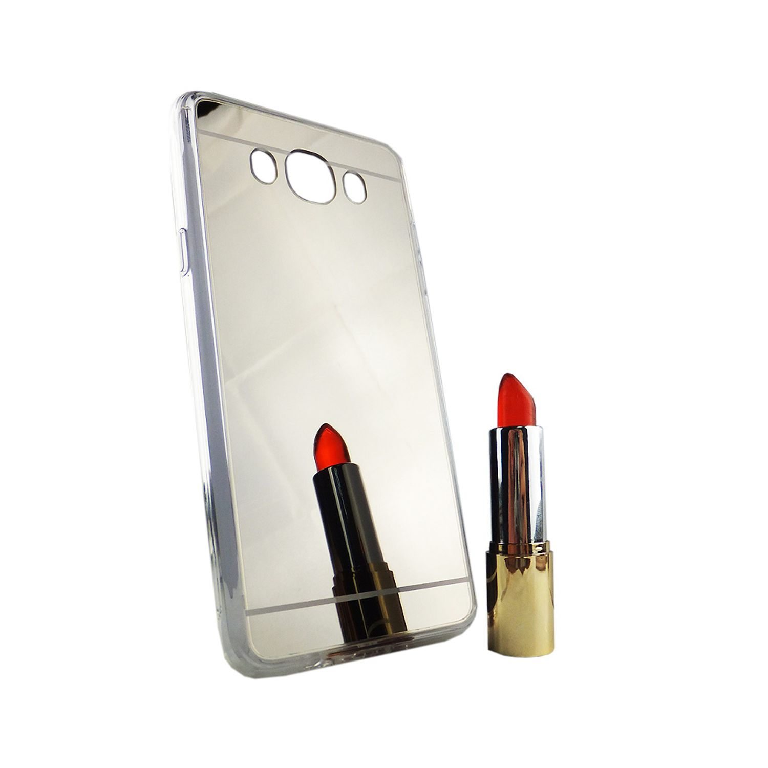 Spiegelähnliche Handyhülle und roter Lippenstift. Reflexion im Gehäuse sichtbar.
