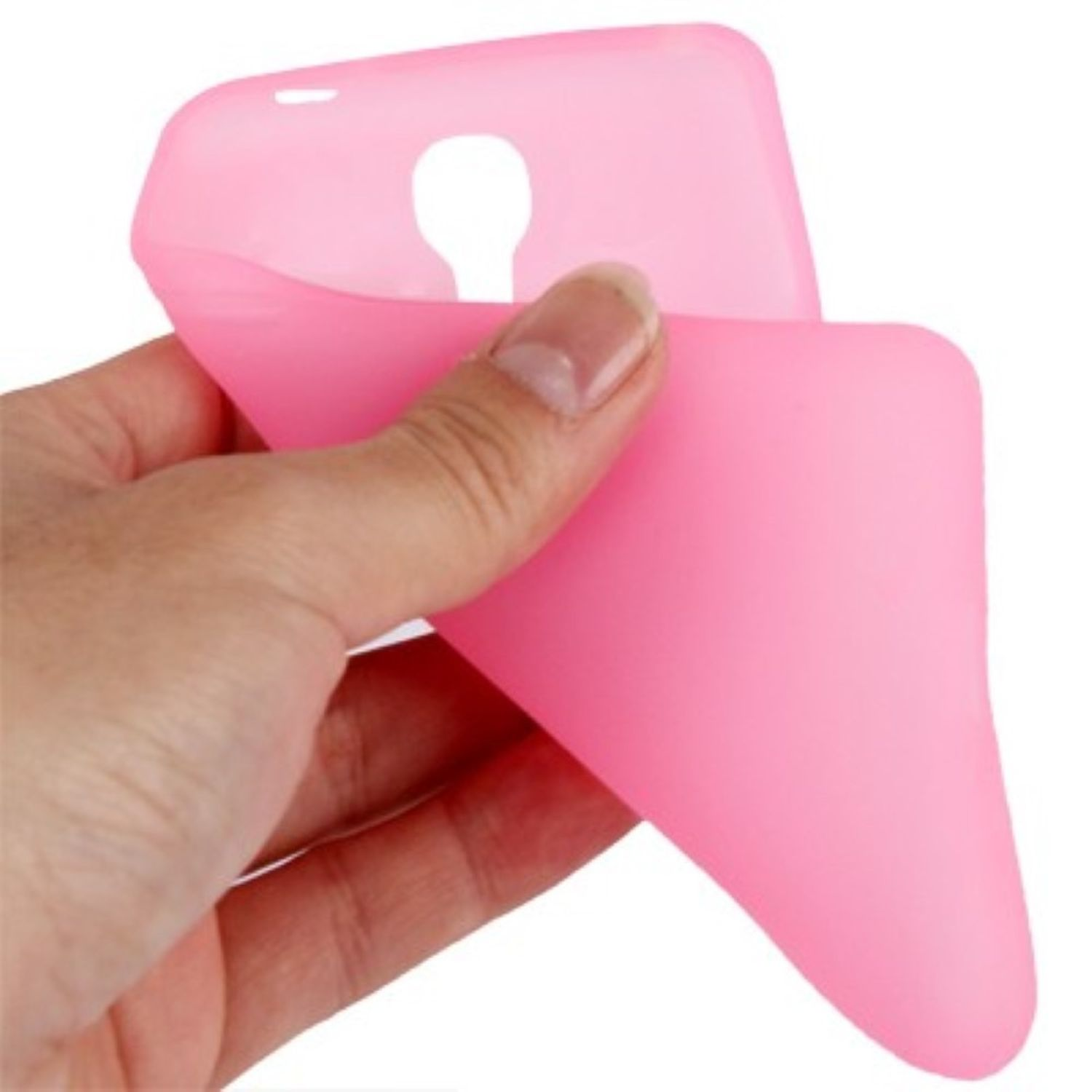Hand hält eine rosa Handyhülle. Innenseite sichtbar. Weißer Hintergrund.