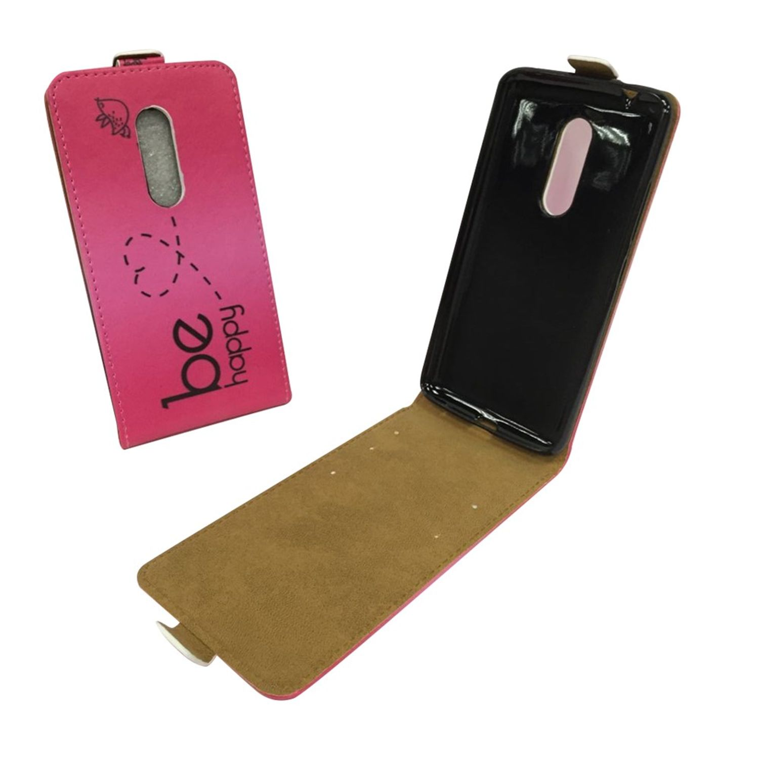 Geöffnete rosa Handyhülle. Das Telefon befindet sich nicht in der Hülle. Es hat 'be happy' auf der Vorderseite.