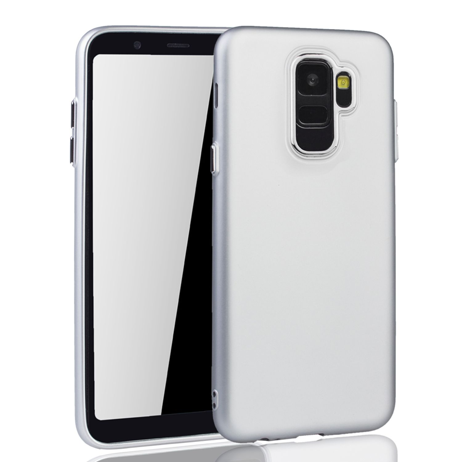 Silbernes Telefon mit transparenter Hülle, der Bildschirm ist schwarz. Das Telefon steht neben seiner Hülle, auf Weiß.