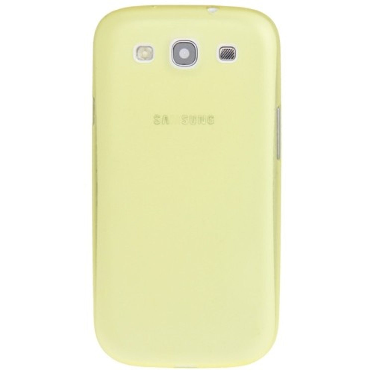 Gelbe Handyhülle mit Samsung-Logo auf der Rückseite.