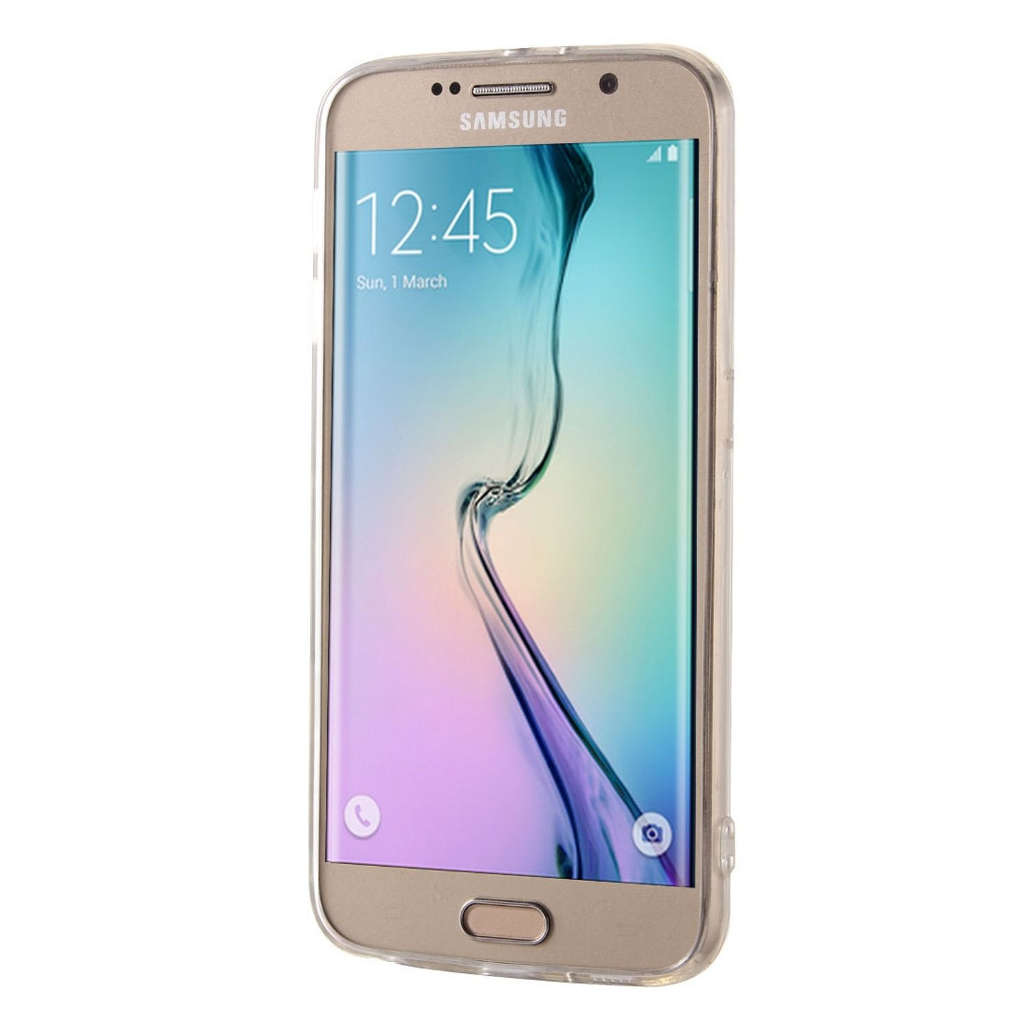 Goldenes Samsung-Telefon mit transparenter Hülle. Bildschirm zeigt Zeit und Datum.