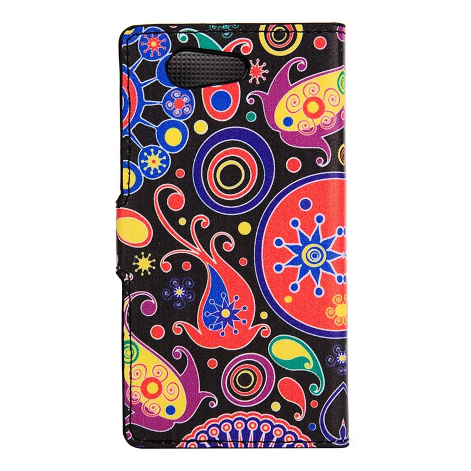 Handyhülle mit buntem Design. Die Hülle ist schwarz mit psychedelischem Muster und hat einen Verschluss.