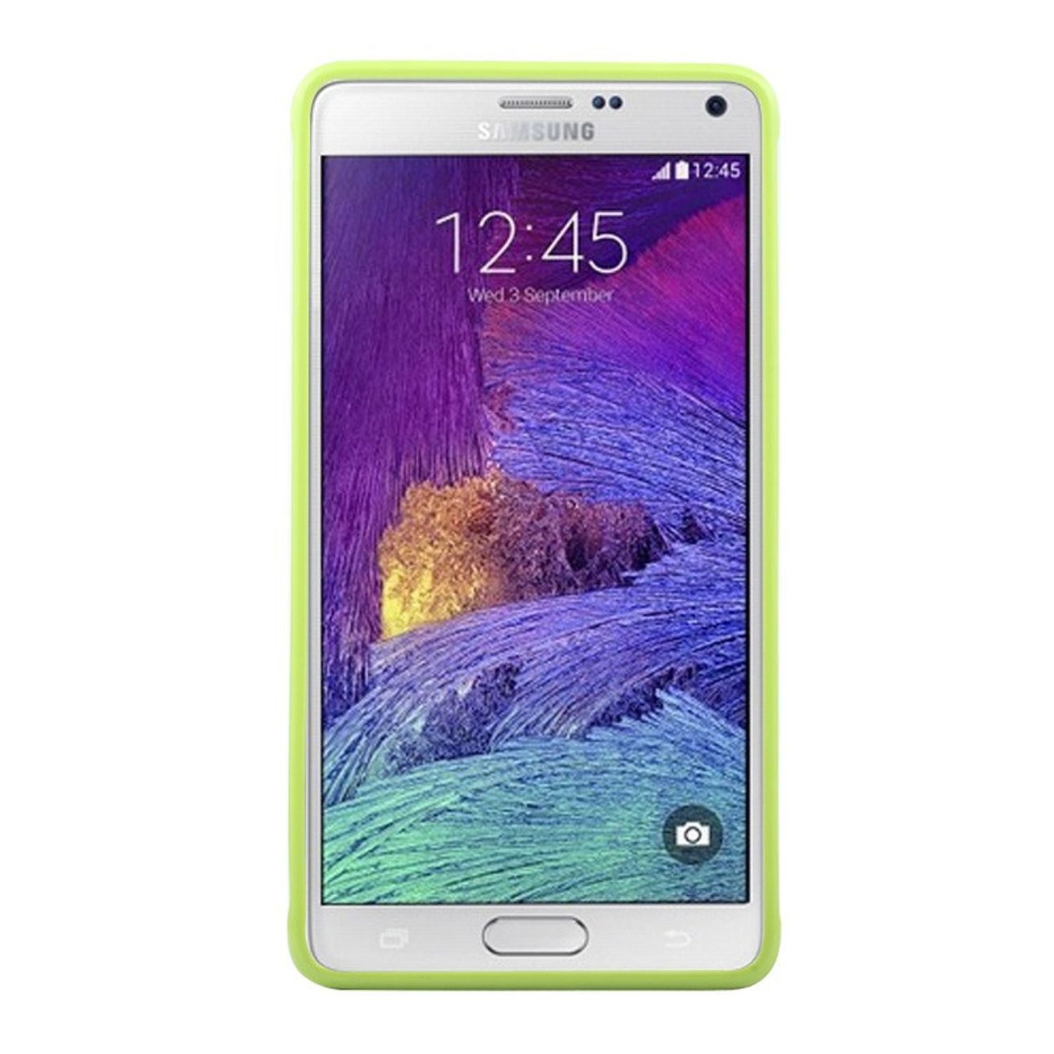 Weißes Telefon mit grüner Hülle. Zeigt Zeit, Datum und Symbole. Weißer Hintergrund.