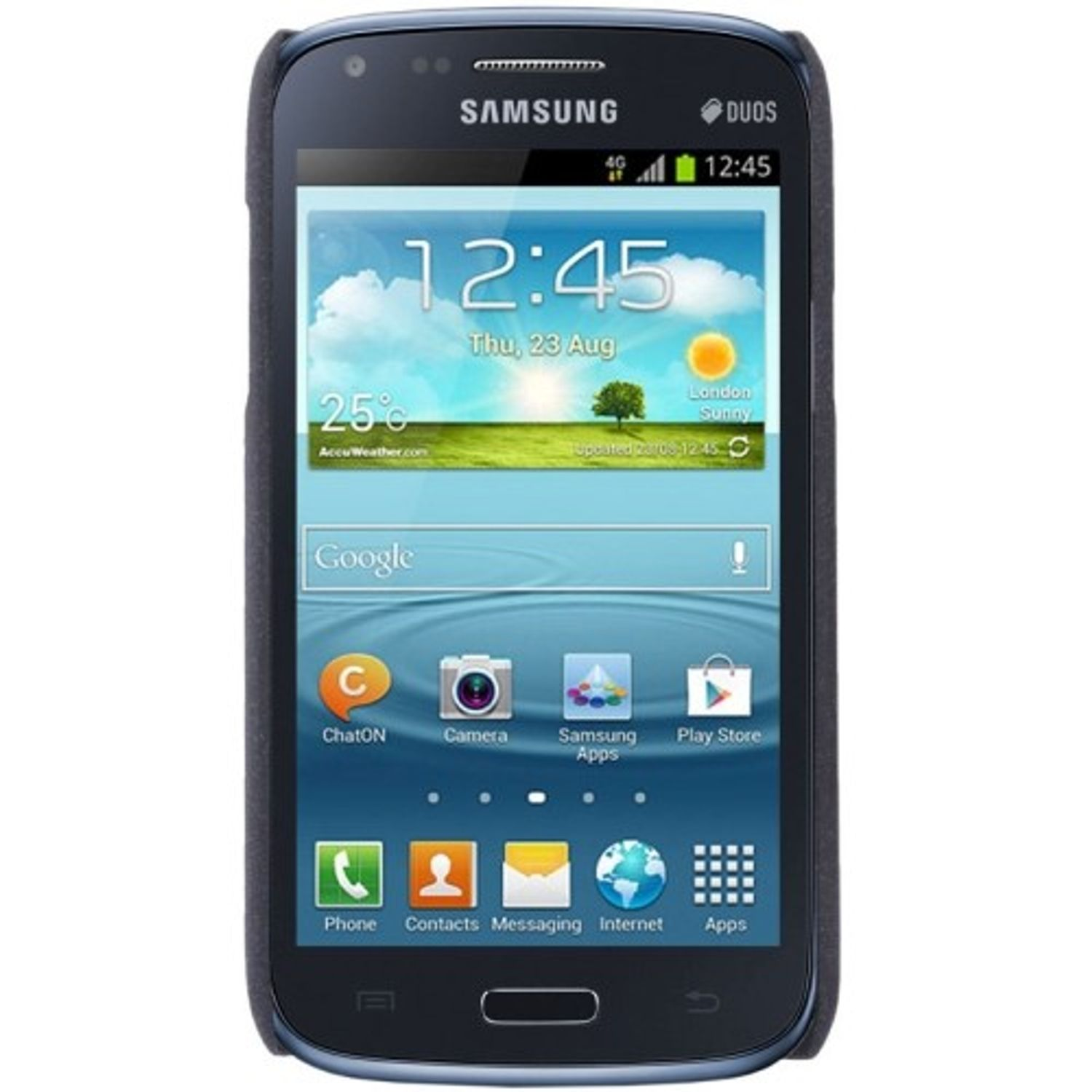 Schwarzes Smartphone mit blauem Gehäuse, das den Startbildschirm zeigt. Weißer Hintergrund.