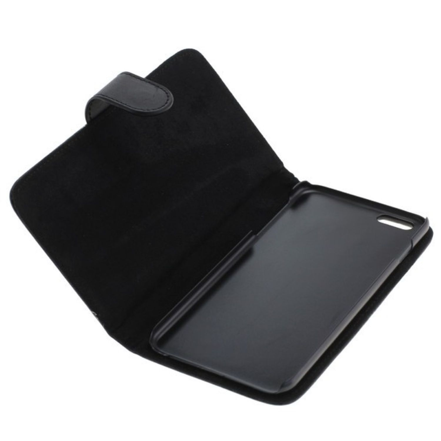 Geöffnete schwarze Handyhülle, die ein schwarzes Innere und eine schwarze Telefonkontur zeigt.