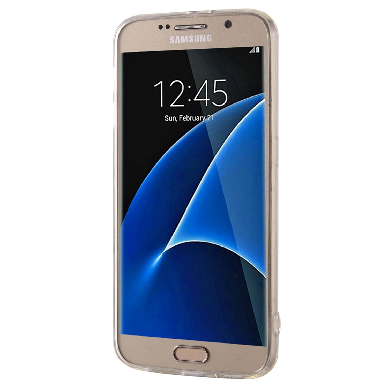 Goldenes Samsung-Telefon mit klarer Hülle, zeigt den Bildschirm mit blauem Farbverlauf.