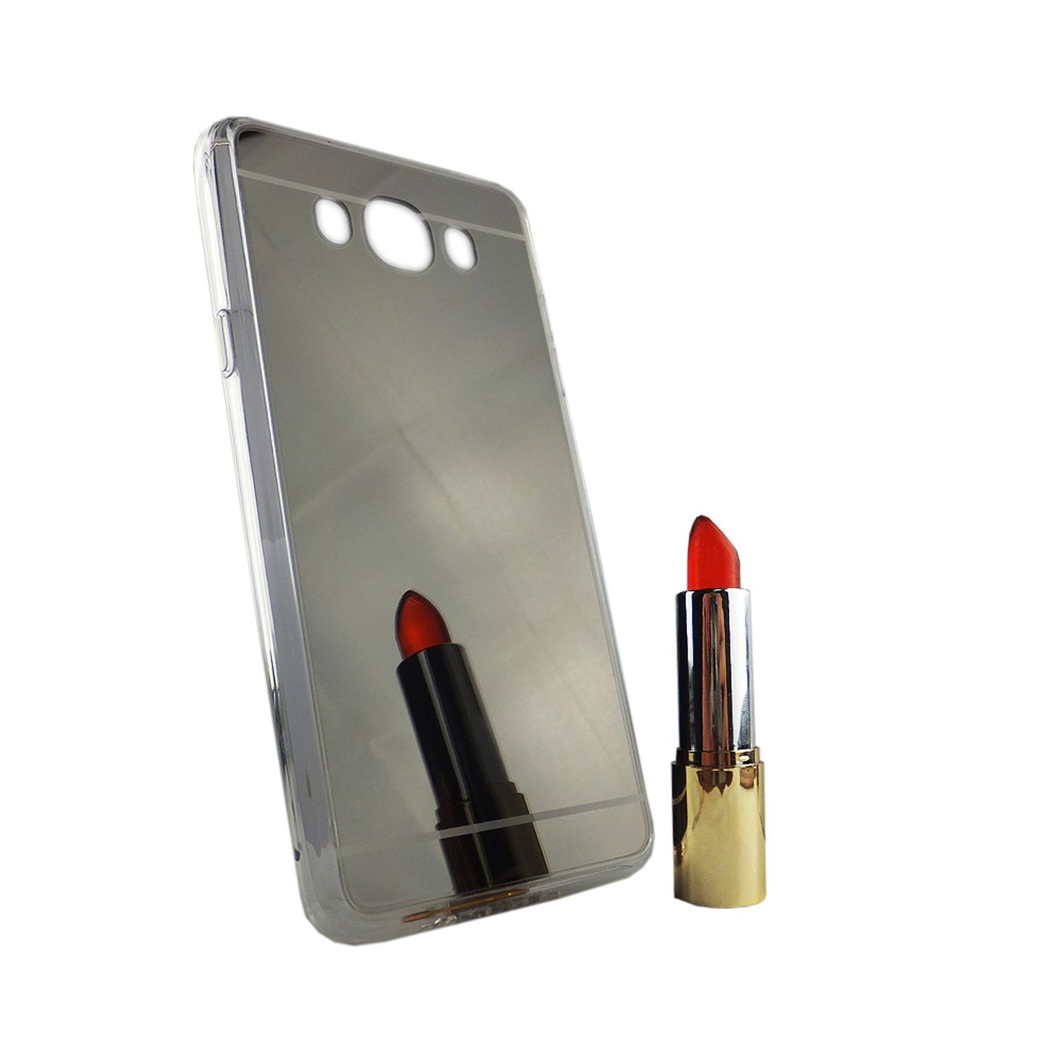Silberne Handyhülle und Lippenstift. Spiegelähnliche Hülle mit rotem Lippenstift.