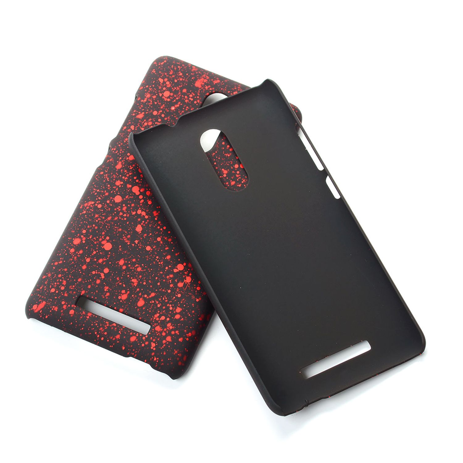 Zwei schwarze Handyhüllen. Eine rot gesprenkelt, eine uni schwarz, mit Kamera- und Knopfausschnitten.