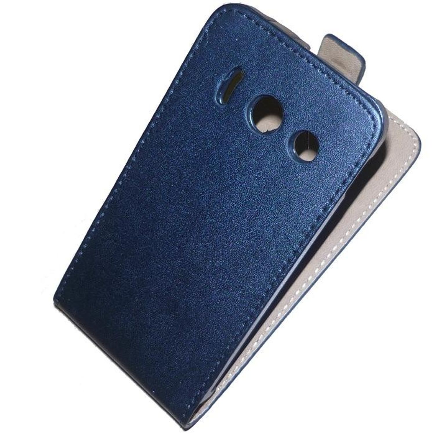 Eine blaue Leder-Handyhülle ist geöffnet und zeigt einen beigen Innenraum. Die Hülle ist angewinkelt.
