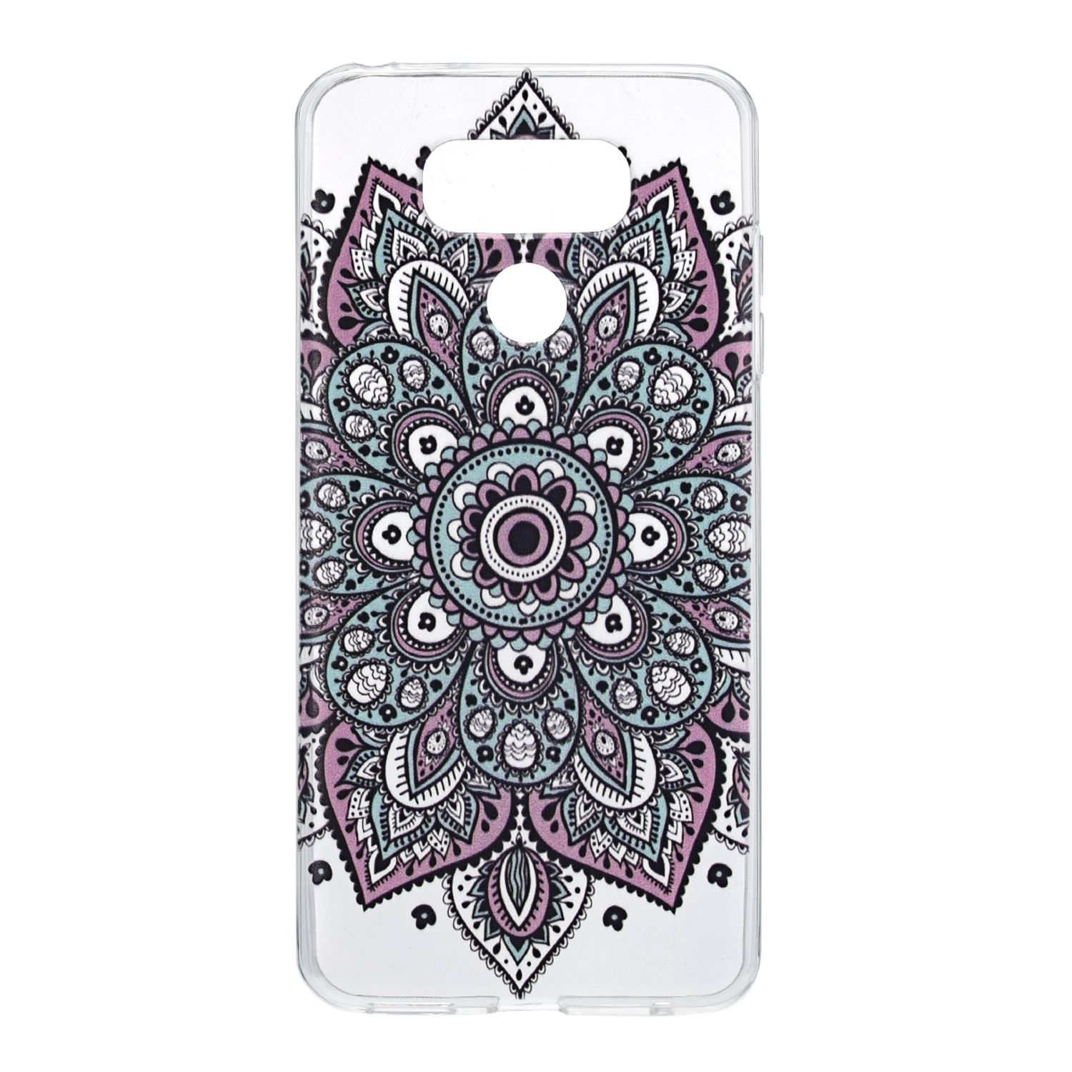 Transparente Handyhülle mit floralem Mandala-Design, lila und blaue Farben.