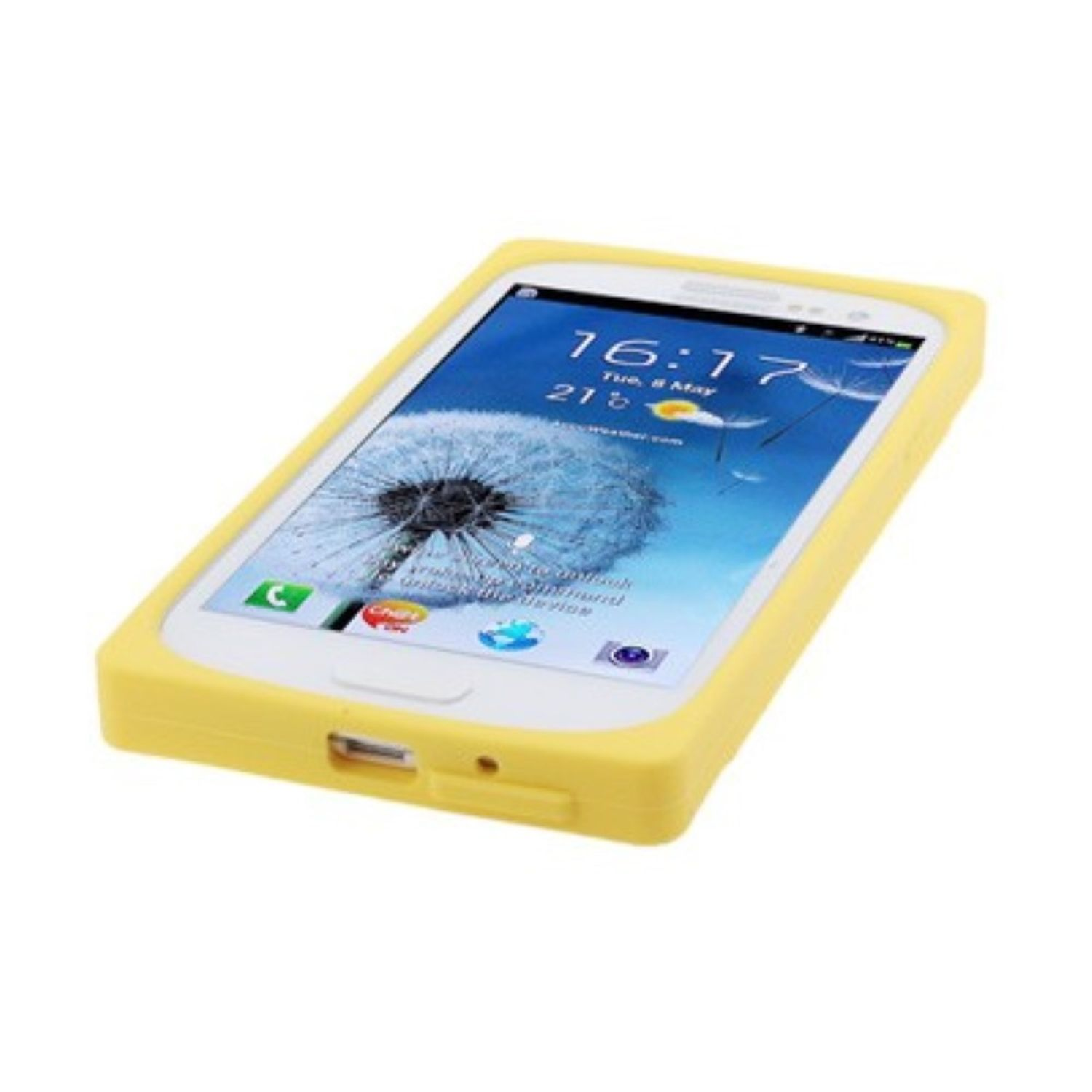 Gelbe Handyhülle mit Telefon, zeigt hellen Bildschirm. Die Hülle liegt auf weißem Untergrund.
