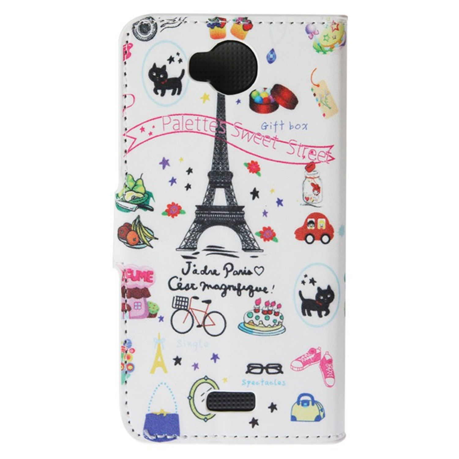 Weiße Handyhülle mit bunten Illustrationen von Paris, Eiffelturm und anderen Designs.