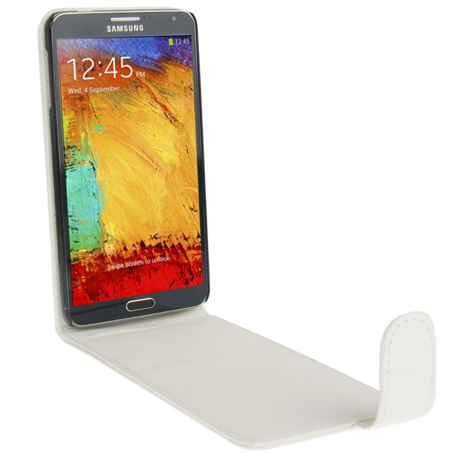 Schwarzes Samsung-Handy mit weißer Hülle. Der Bildschirm zeigt Uhrzeit und Datum.