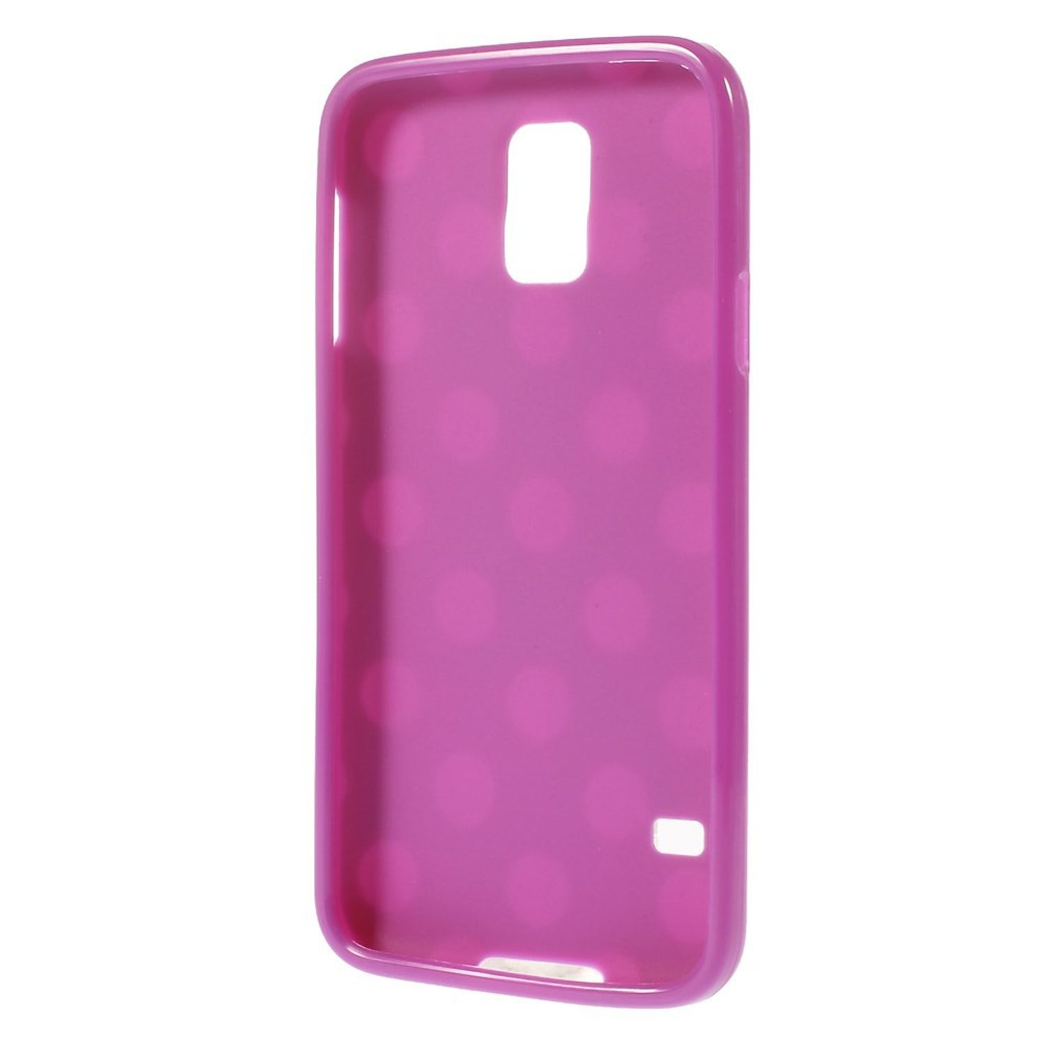 Eine pinke Handyhülle mit Polka Dots. Sie hat Öffnungen für Kamera und andere Funktionen.