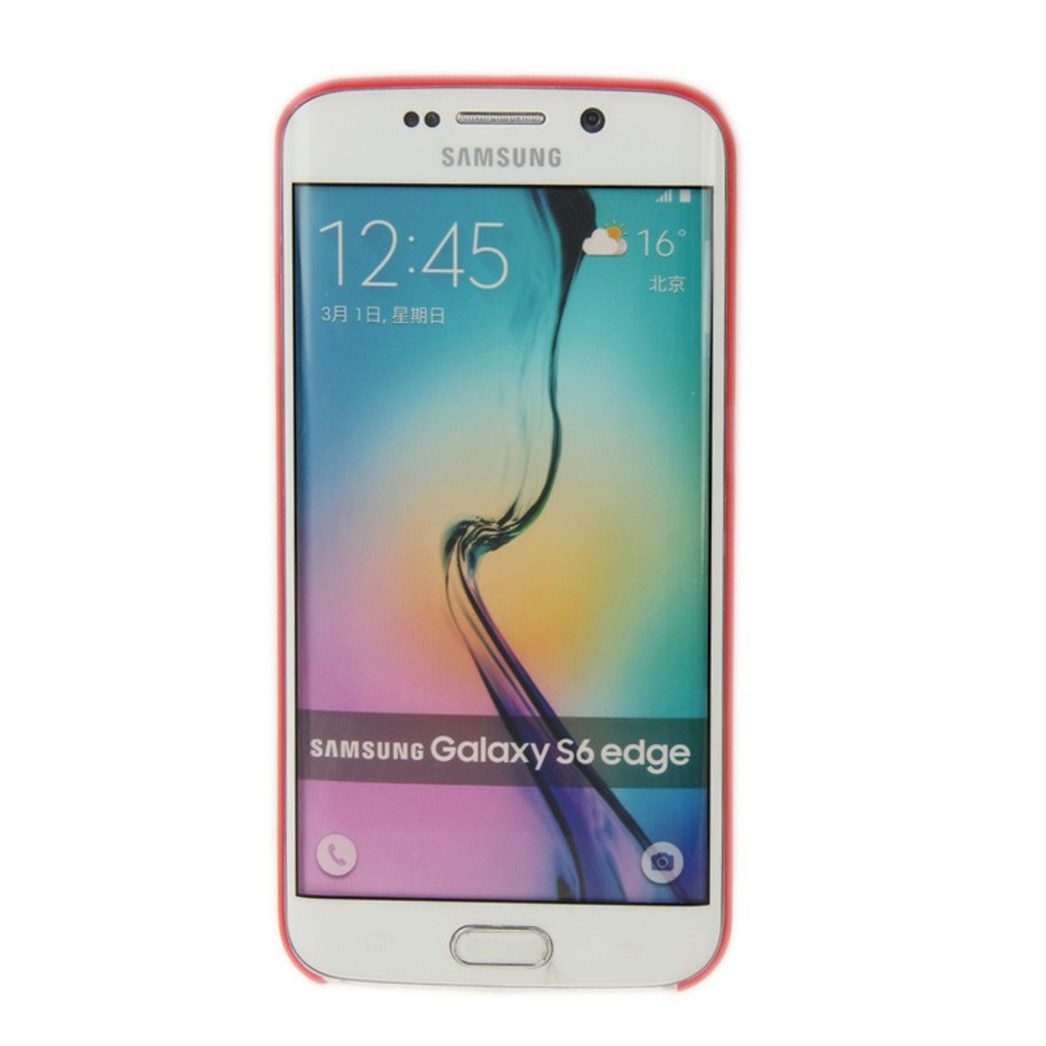 Weißes Samsung-Telefon mit rotem Rahmen, das Uhrzeit und Datum anzeigt. Das Telefon liegt auf einer weißen Oberfläche.