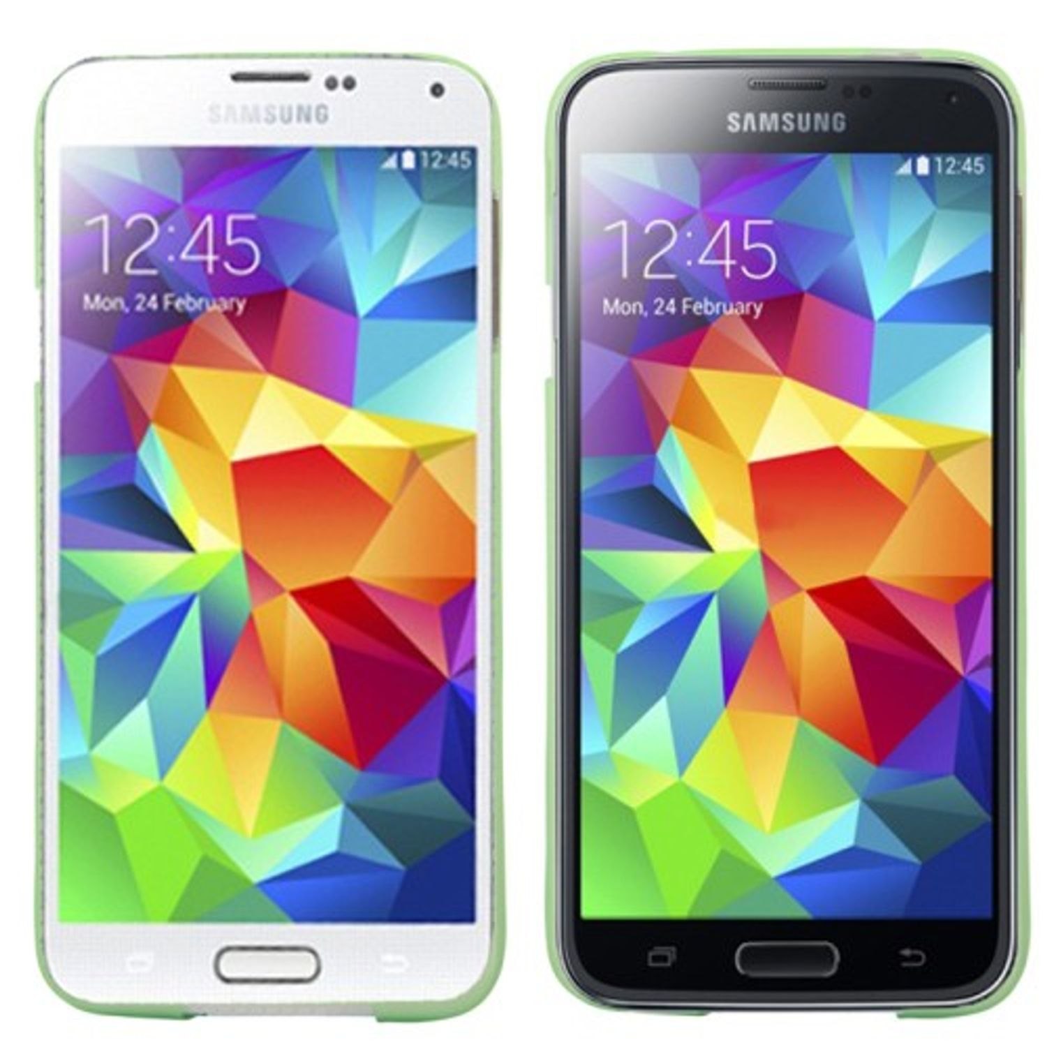Zwei Samsung-Telefone, eines weiß und eines schwarz, in grünen Hüllen, zeigen denselben bunten Bildschirm.