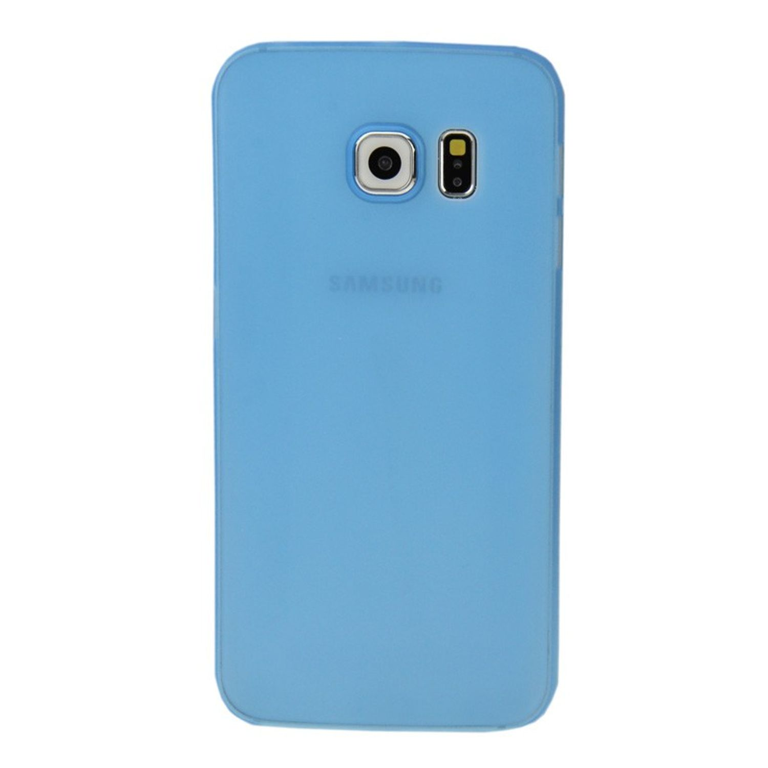 Hellblaue Handyhülle für ein Samsung Telefon. Kamera und Blitz sichtbar.