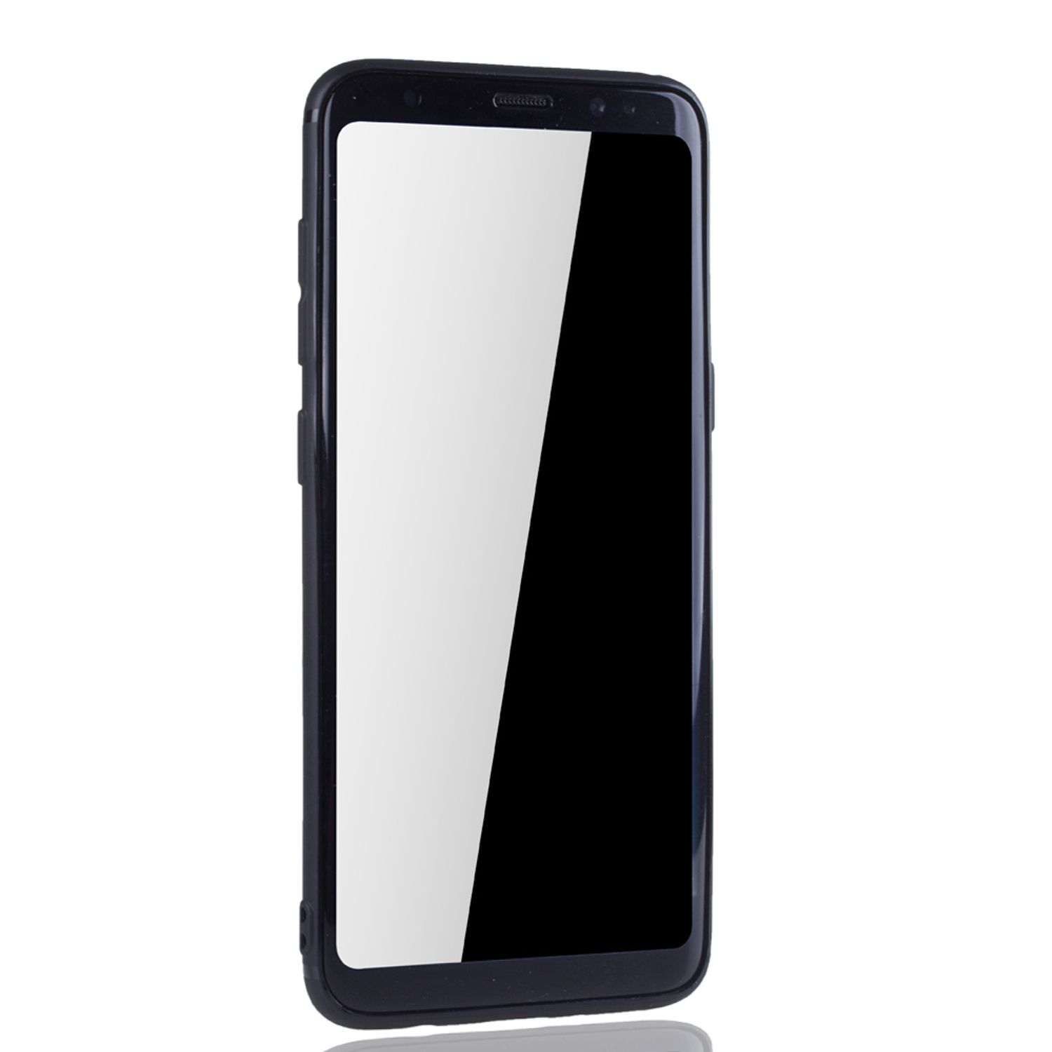 Ein schwarzes Smartphone. Der Bildschirm ist eingeschaltet und weiß. Es hat ein schwarzes Gehäuse.
