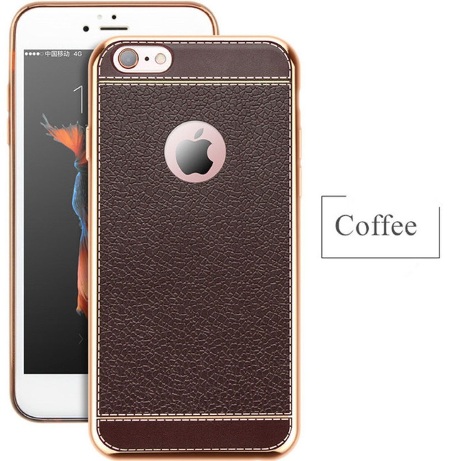 Ein Telefon in einer braunen Lederhülle mit goldfarbenem Besatz. Das Wort 'Coffee' steht daneben.