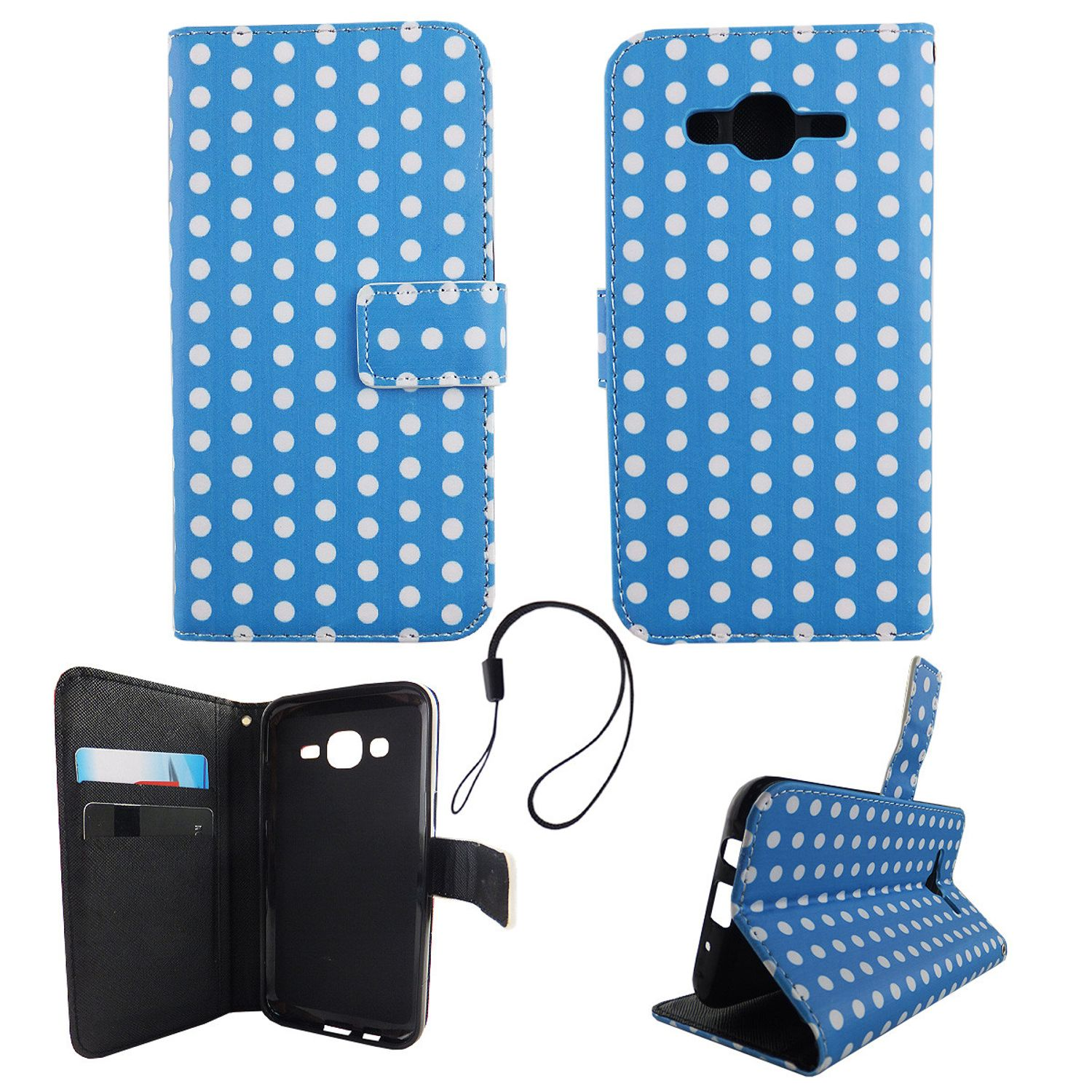 Blaue Handyhüllen mit weißen Tupfen. Mehrere Ansichten der Handyhülle.