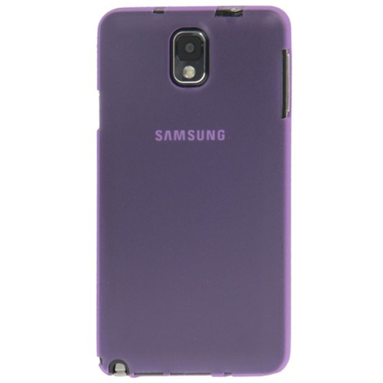 Lila Handyhülle, Rückansicht. Samsung-Logo auf der Rückseite. Kamera- und Knopfausschnitte.