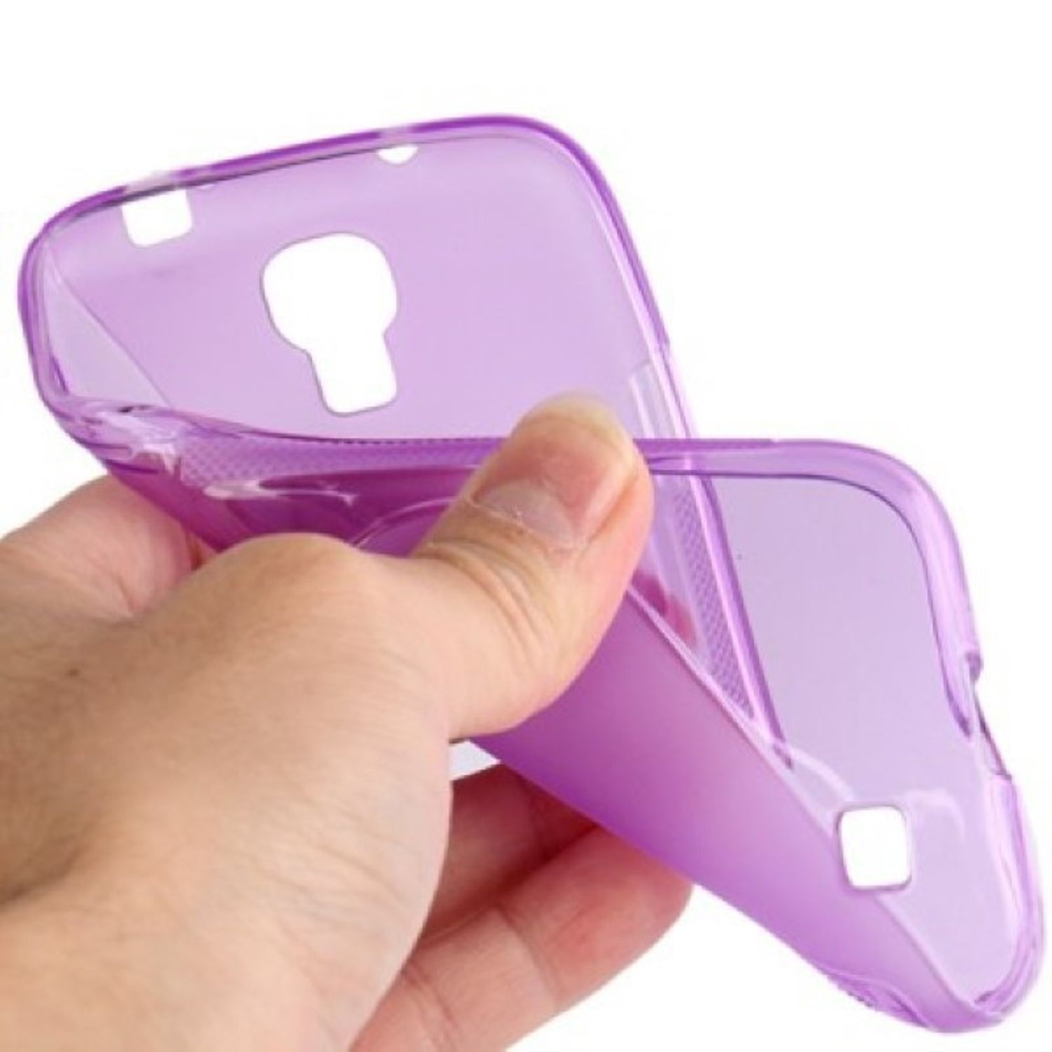 Hand hält eine transparente, lilafarbene Handyhülle. Die Hülle hat Aussparungen für Knöpfe und Kamera.