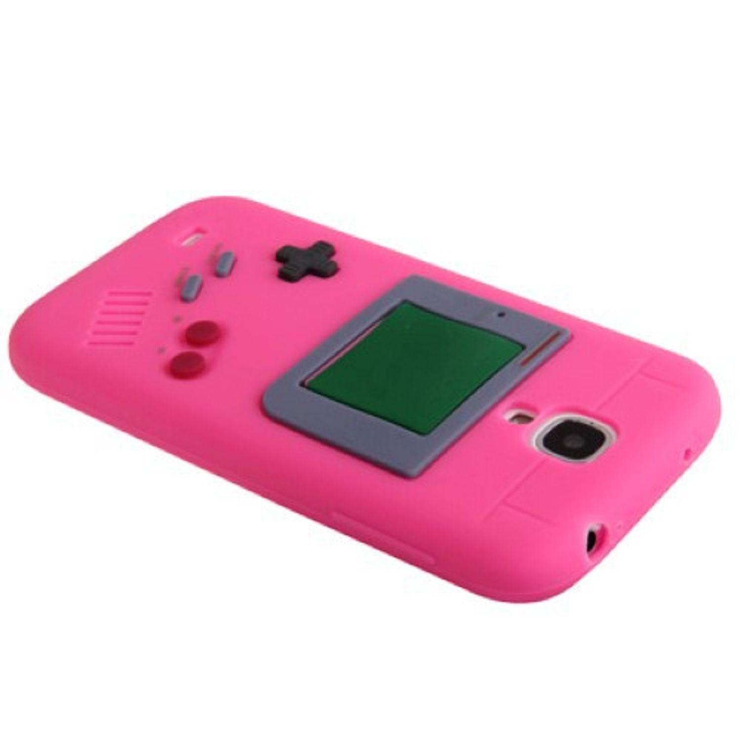 Eine rosa Handyhülle mit Spielkonsolendesign. Sie hat einen Bildschirm und Knöpfe.