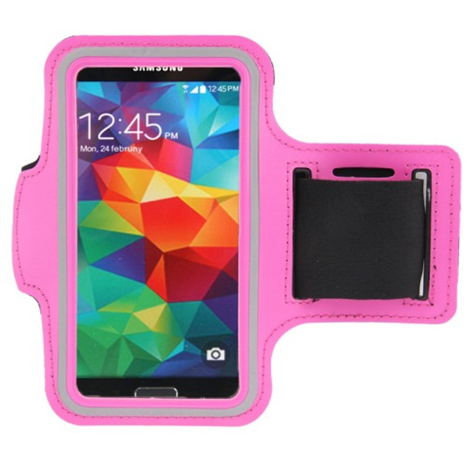 Ein pinkfarbenes Armband mit einem Telefon, das die Uhrzeit anzeigt. Der Bildschirm zeigt 12:45 PM.