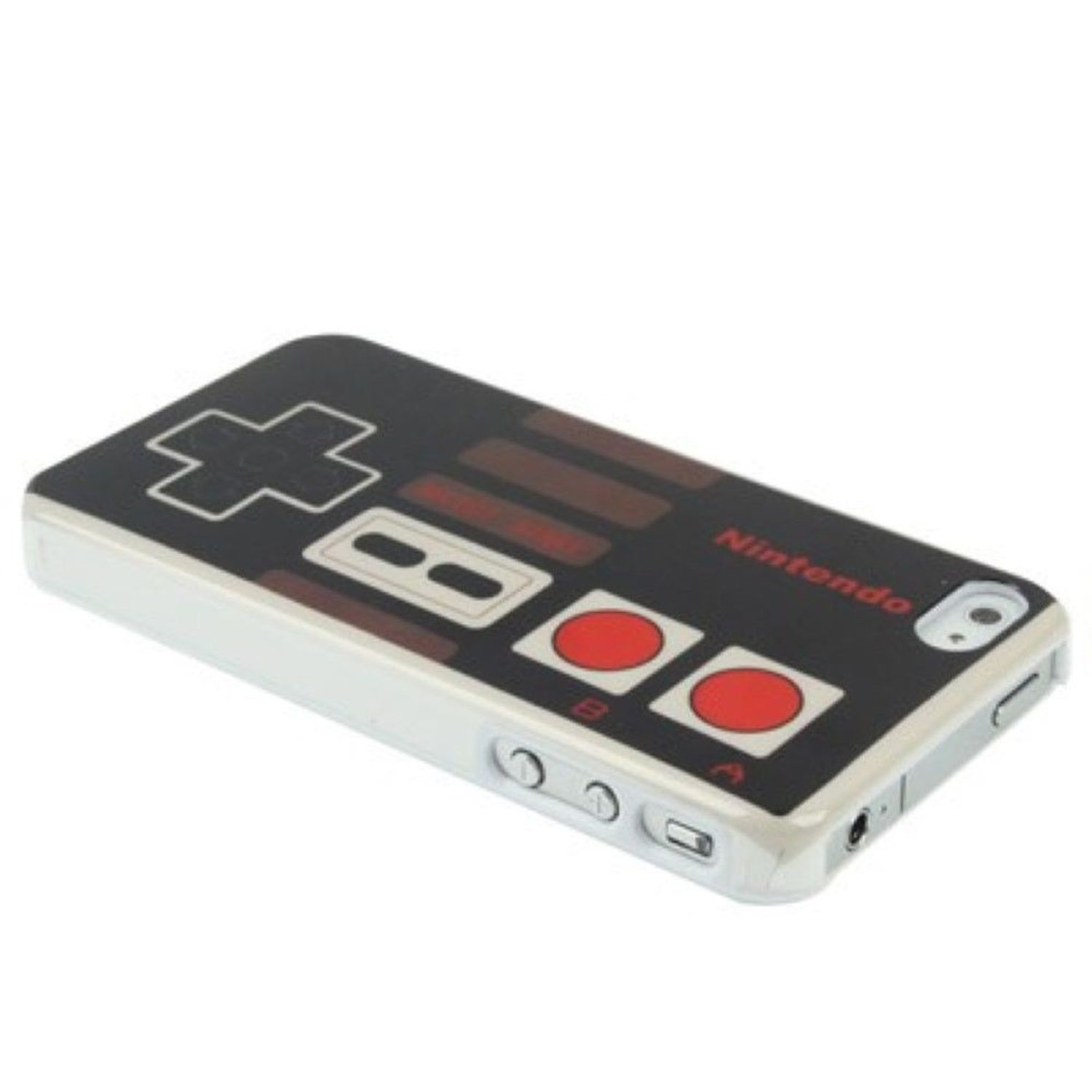 Schwarze und weiße iPhone-Hülle, die einem klassischen Nintendo-Controller ähnelt. Rote Knöpfe und ein Nintendo-Logo sind sichtbar.