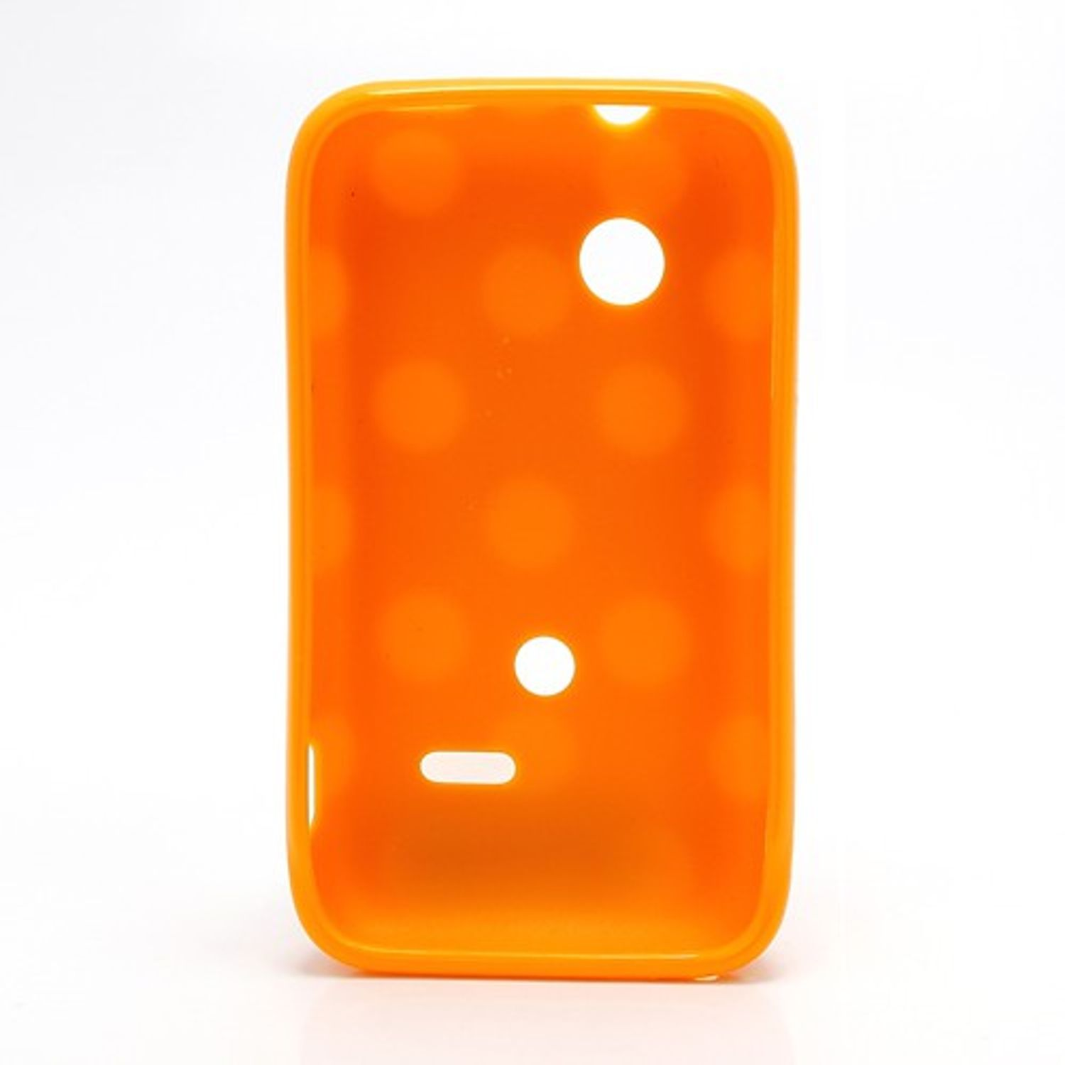 Orangefarbene Handyhülle mit Löchern. Weißer Hintergrund.